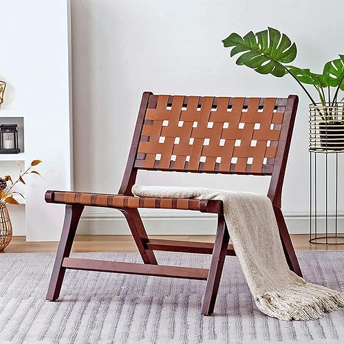 RichFire Silla de descanso moderna de mediados de siglo silla de cuero tejido en estilo bohemio piel de coñac silla perezosa de madera maciza para