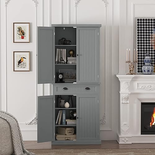 Miniatura 8 de Yusong Gabinete de despensa de cocina de 72 pulgadas de alto gabinete de almacenamiento de granja con 4 puertas cajón y estante ajustable armario de