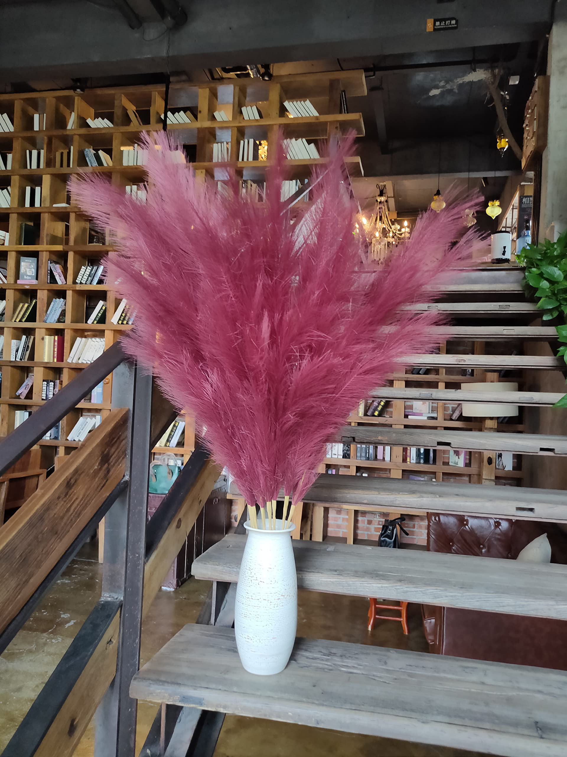 Pampas Grass Decor Tall,8pcs 43.3"/110cm Large Pampas Floral Fluffy,Long Feather Flowers for Boho Wedding Arangement Bedroom Living Room Decorations (burgundy red - Image 3