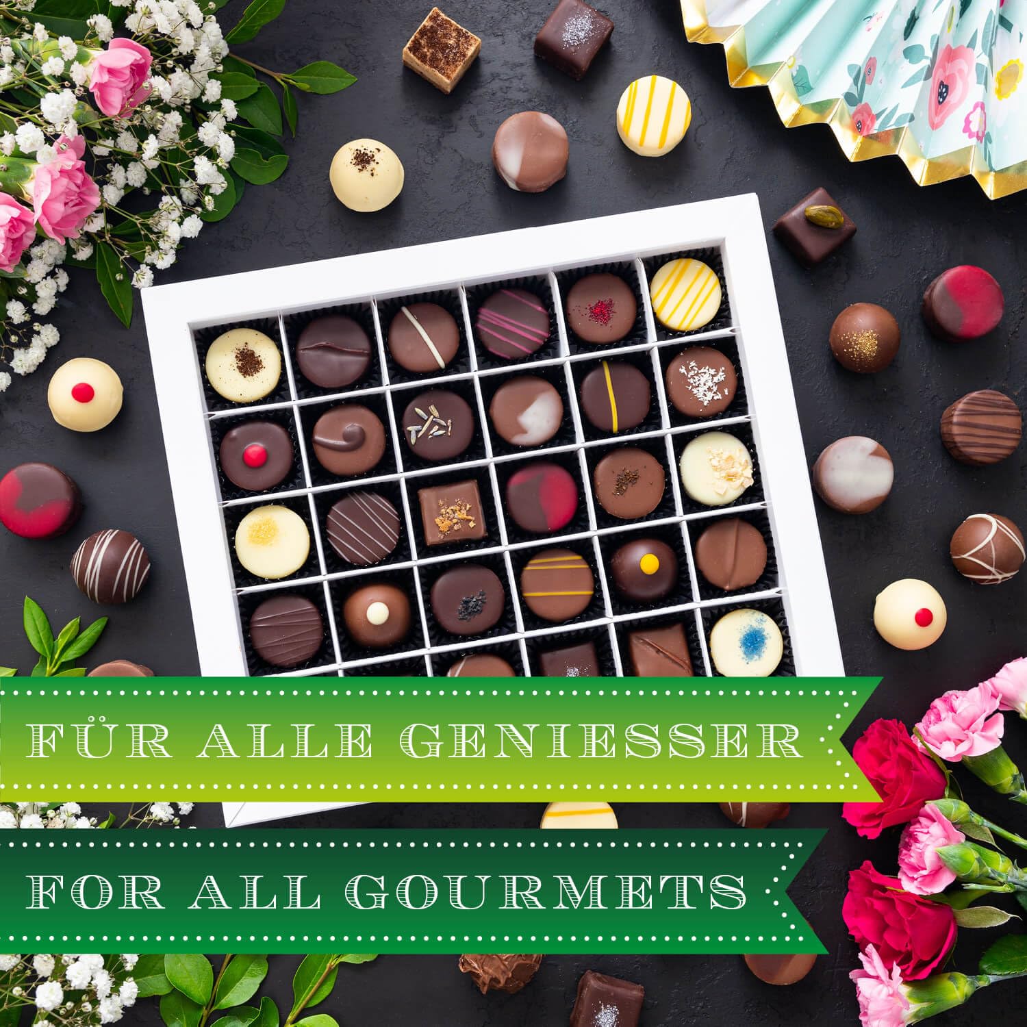 Hallingers Genuss Manufaktur Pralinen Glückwunsch-Geschenk - ohne Alkohol, handmade aus Confiserie-Edelkakao in wertiger XXL-Geschenkbox ""Alles Gute"", Geschenkidee für Frauen Männer