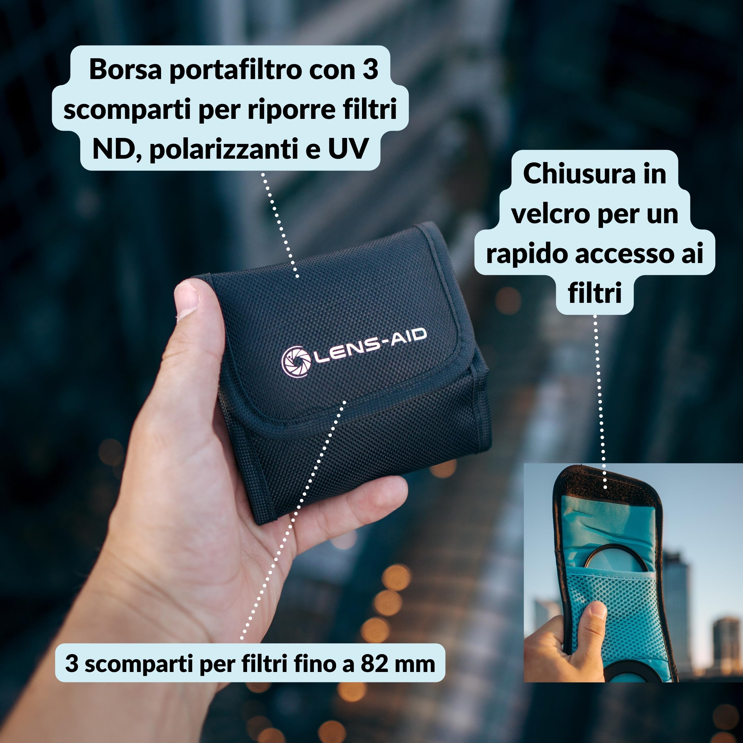 LENS-AID Custodia per Filtri Fotografici: 3 Scomparti Protetti per Filtri fino a 82 mm, Polari, UV, Copriobiettivi e Accessori – Compatta, Robusta e Pratica