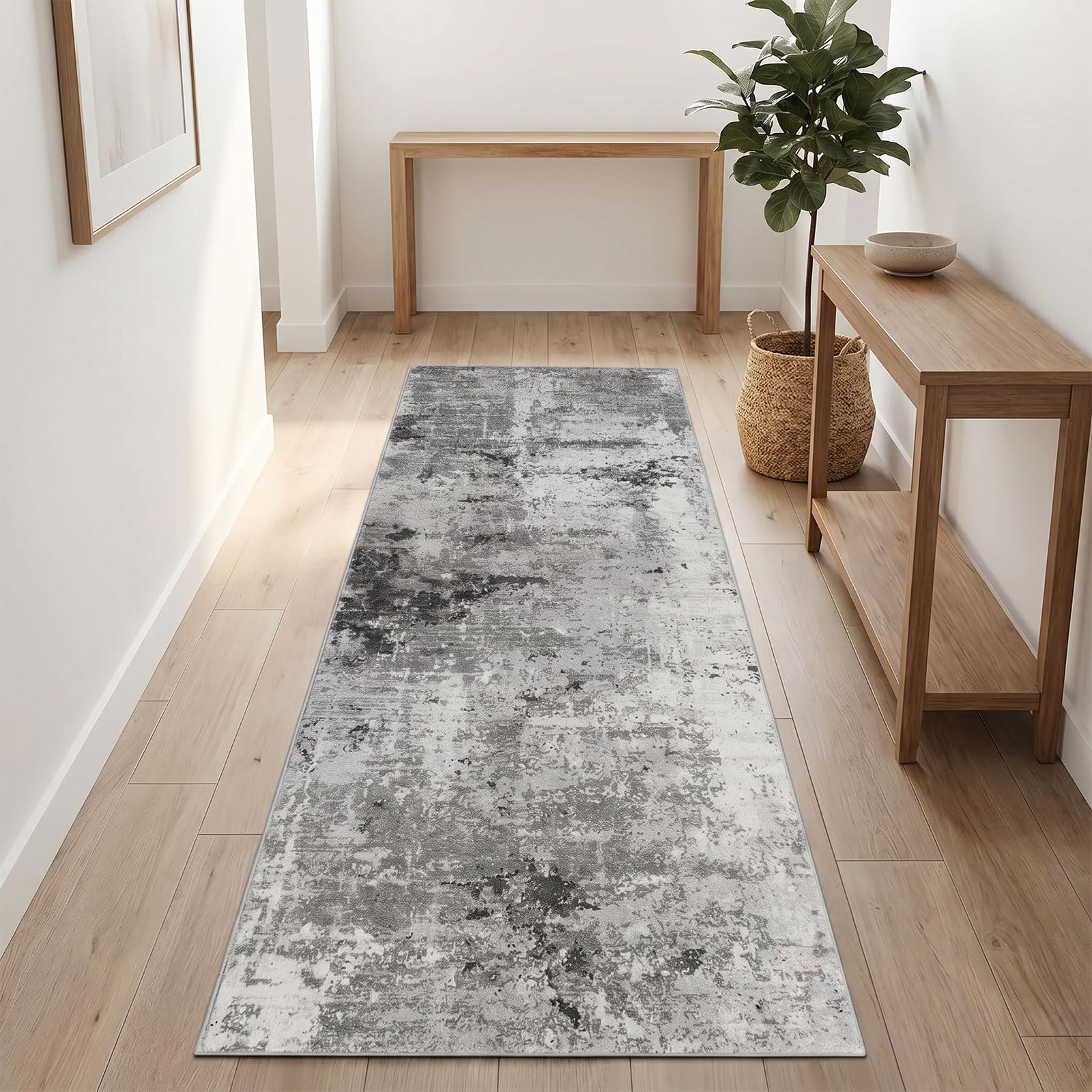 Carpet Runners for Hallways Non slip 60x180cm - Modern Abstract Hall Runner, Thin Washable Kitchen Runner Rug, Distressed Grey Hallway Runner Mat Low Pile Runner Rugs for Hallway Entryway Bedroom