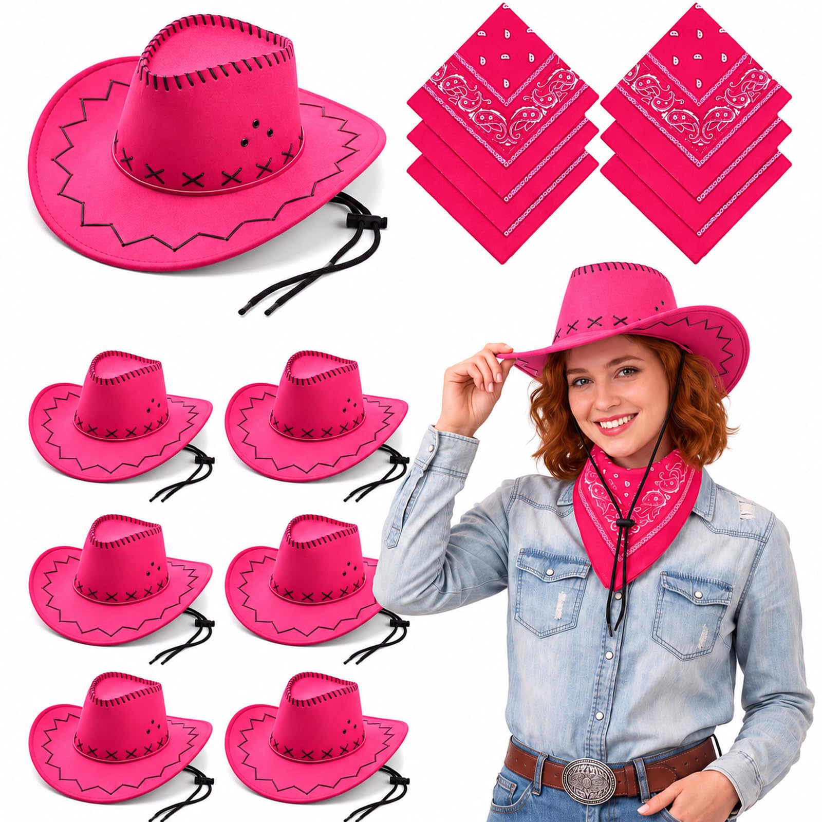 Zhanmai 12 Pcs Cowboy Hats Bulk, 6 Hats with 6 Bandanas