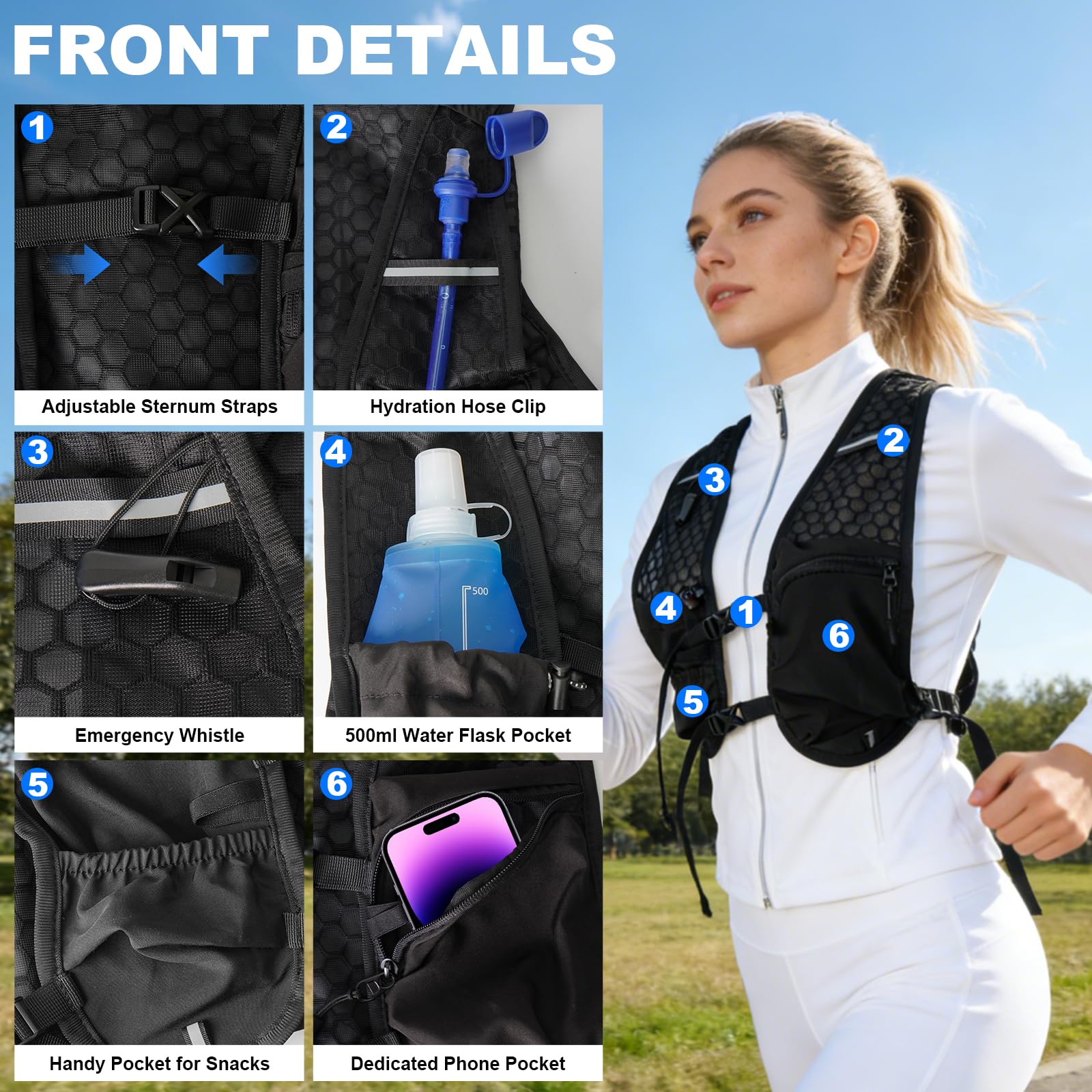 Gilet da corsa da donna con bolla d'acqua da 2 l e borraccia da 500 ml, ultraleggero, traspirante, per corsa, uomo, per jogging, trail running, bicicletta, maratona
