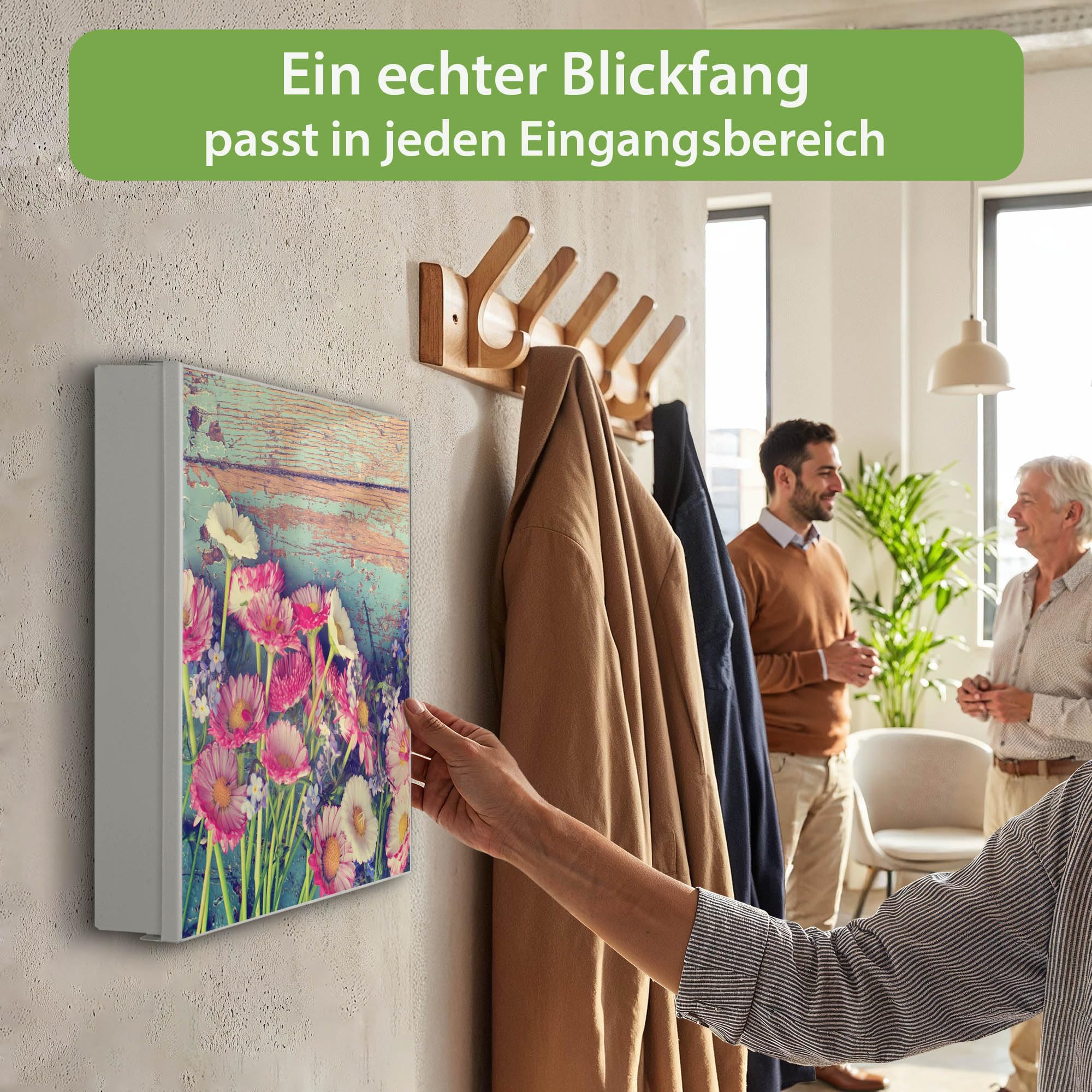 banjado Großer Schlüsselkasten Metall - Schlüsselbox 30x30cm beschreibbarer mit 32 Haken - Schlüsselkasten modern für Schlüsselaufbewahrung - Korpus Weiß Scharnier Rechts - Motiv Blumenpfücken