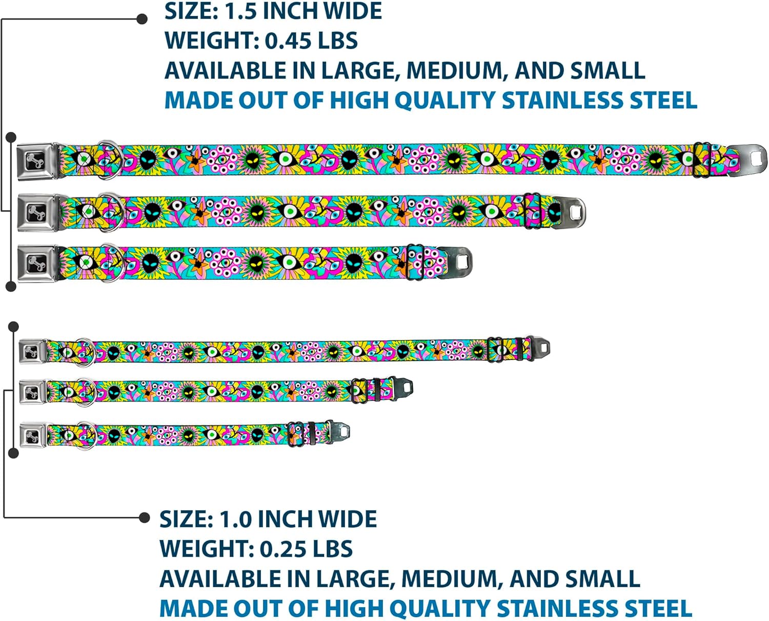 Buckle-Down Pet Collar, Dog Collar Metal Seatbelt Buckle, Funky Alien Flowers Aqua Blue Multi Color, 11 to 16.5 Inches 1.0 Inch Wide