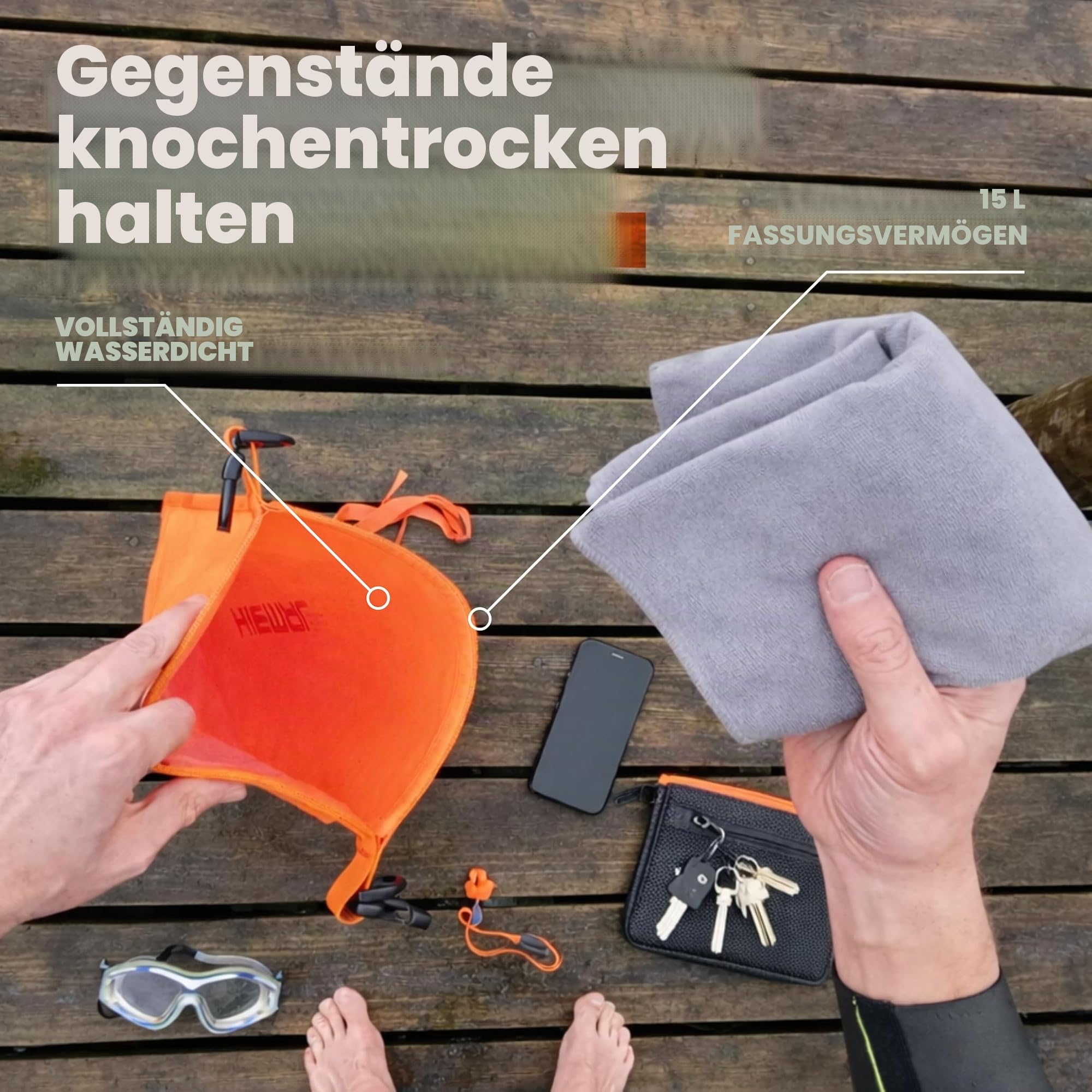 Schwimmboje für offenes Wasser mit Trockensack, 15 l, vollständig wasserdichte Schwimmblase – sicher mit höherer Sichtbarkeit, gehärtetes Nylon und Ruhegriff, Schwimmboje – offene Wasserboje für alle
