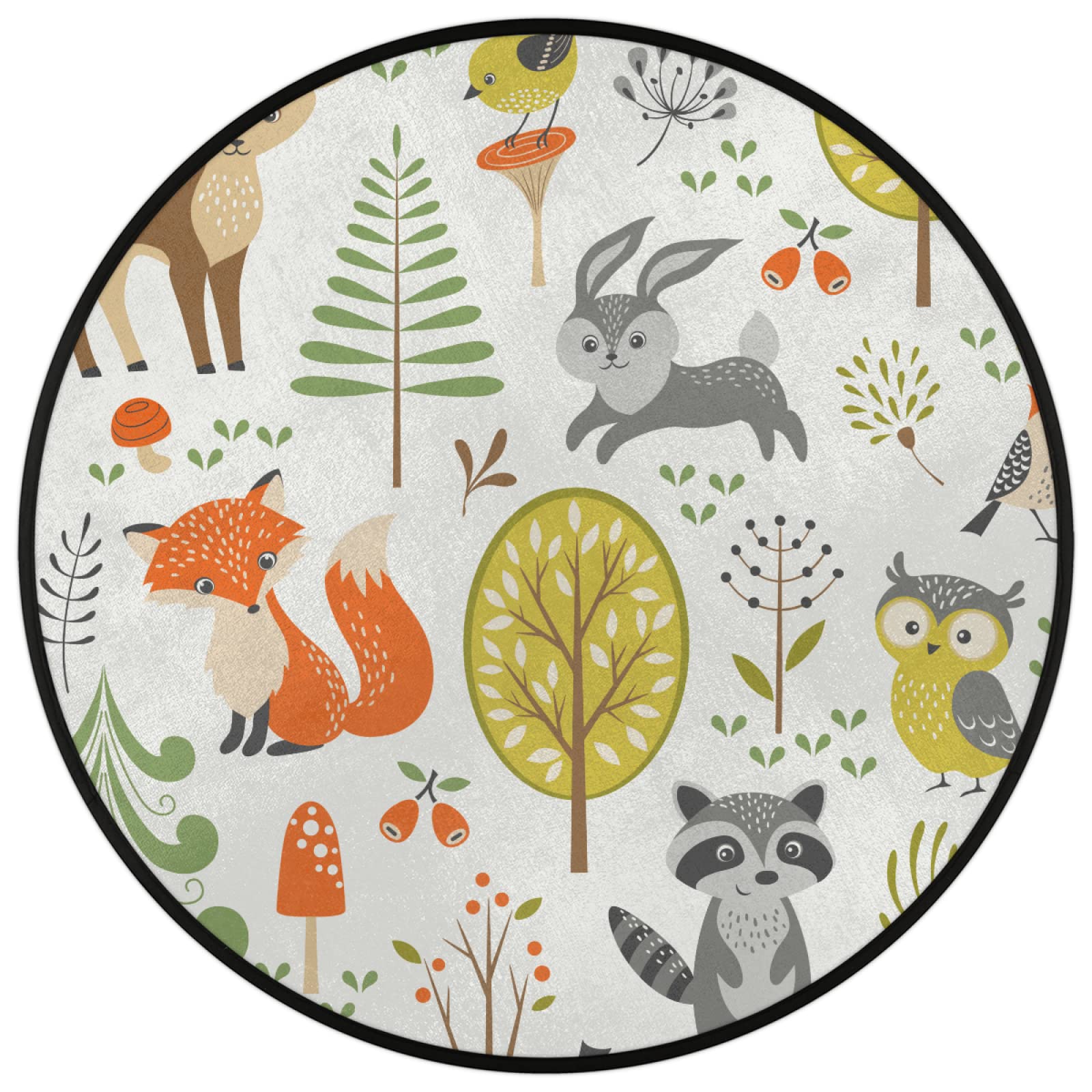 Tapis rond intéressant de 91,4 cm - Lavable en machine - Motif animal de la forêt - Antidérapant - Doux - Pour salon, canapé, chambre d'enfant