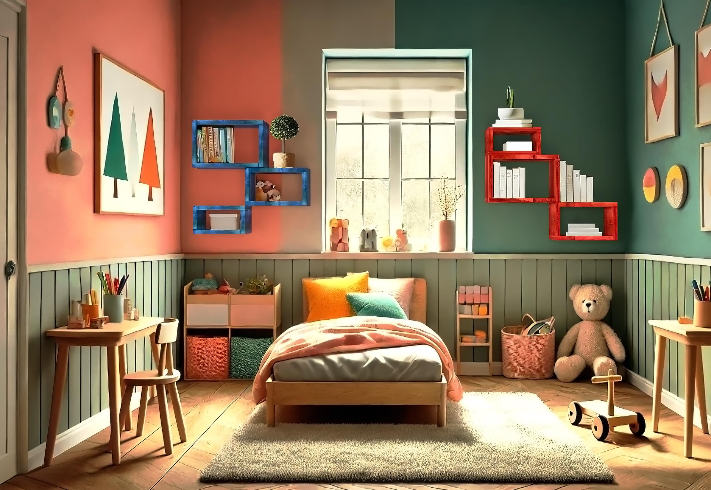 Kit di Mensole Sospese a Cubo in Legno Massello, Ripiani Artigianali, 7 Colori, 3 Dimensioni, Arredamento Bagno, Cucina, Camera da Letto, Ufficio, Made in Italy (Green)