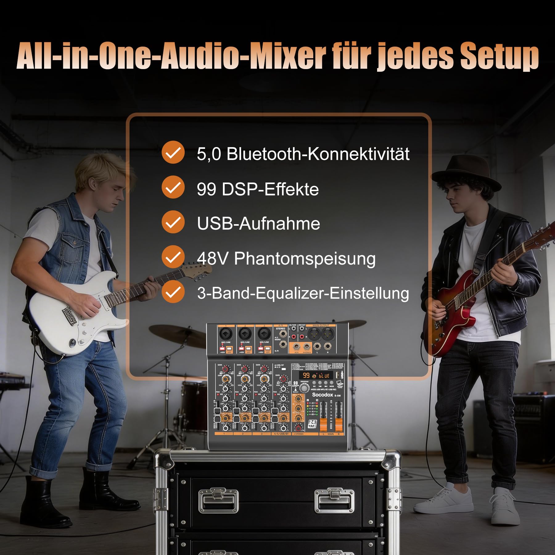 5-Kanal Mischpult Bluetooth 99 DSP-Effekte für Streaming Podcast | 48V Phantomspeisung, 3-Band EQ, USB-Aufnahme, Stereo-Eingang, rauscharm, Gain-Regler, Kopfhörerbuchse, Kirche, Karaoke, Live