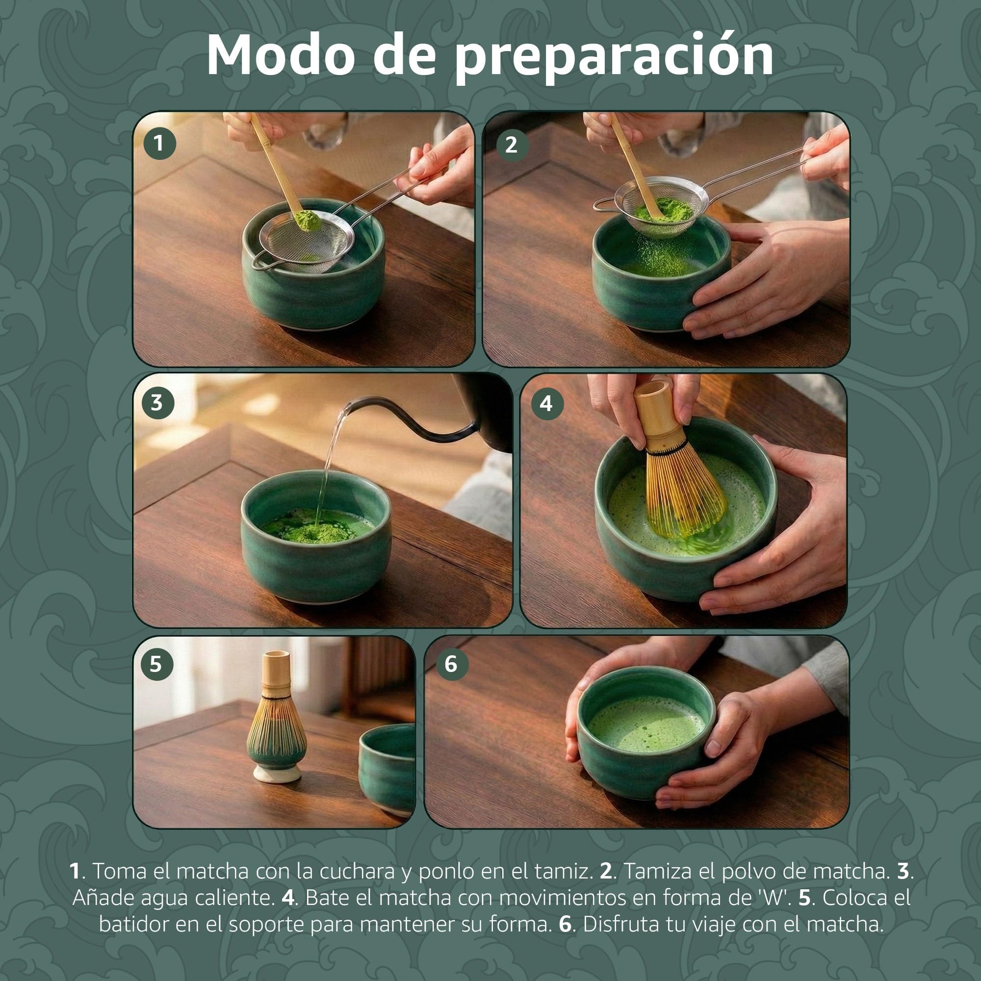 Te Matcha Kit Ceremonial Completo 8 Piezas – Bowl Cerámica 500 ml, Batidor Bambú Natural y Tamiz de Malla Fina – Kit Te Matcha Premium para Preparar Té Matcha Tradicional Japonés