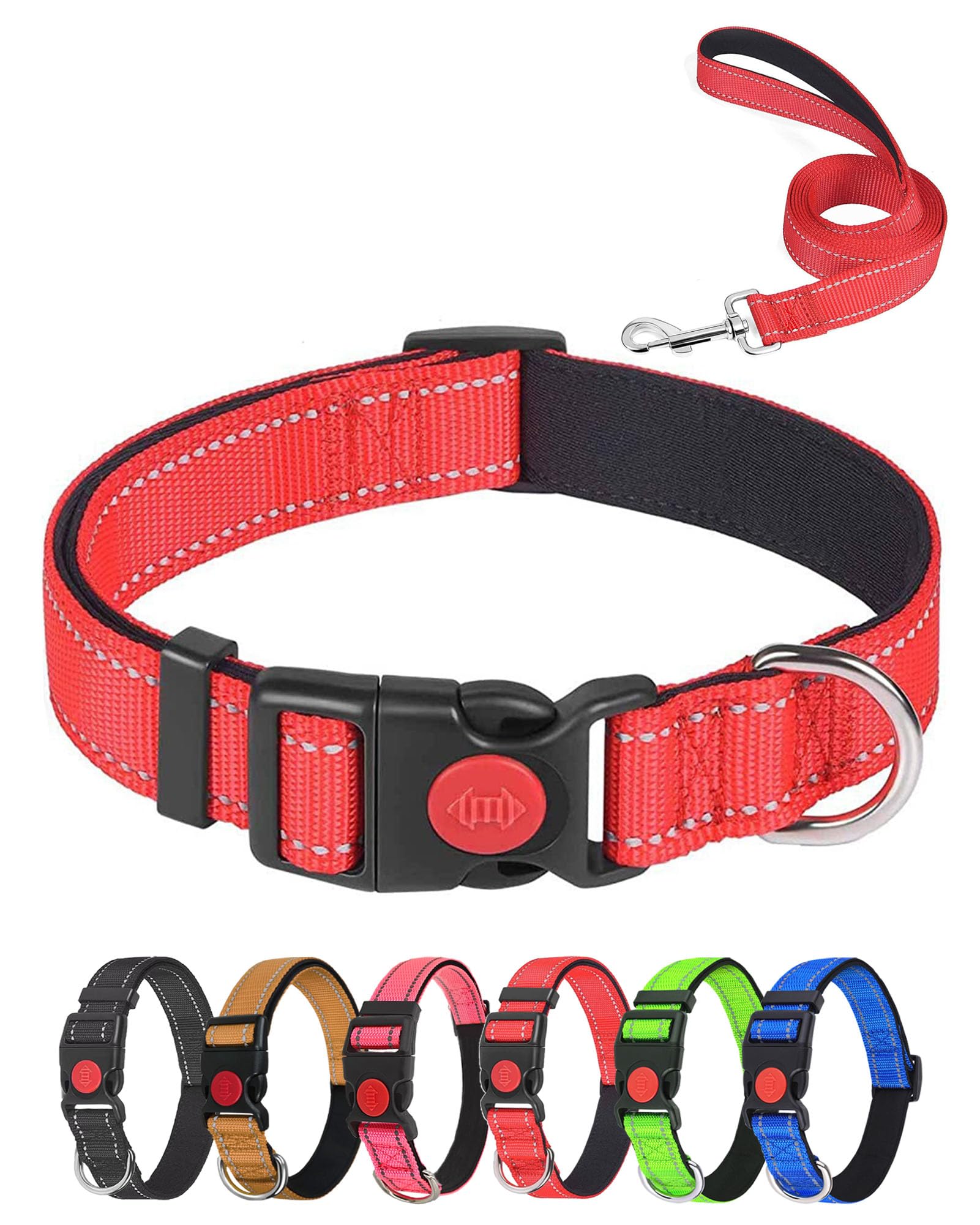 Aeclleca - Set di collare e guinzaglio per cani riflettenti con fibbia di sicurezza, collari regolabili in morbido nylon per animali domestici, per cani di taglia piccola e media (rosso, S)