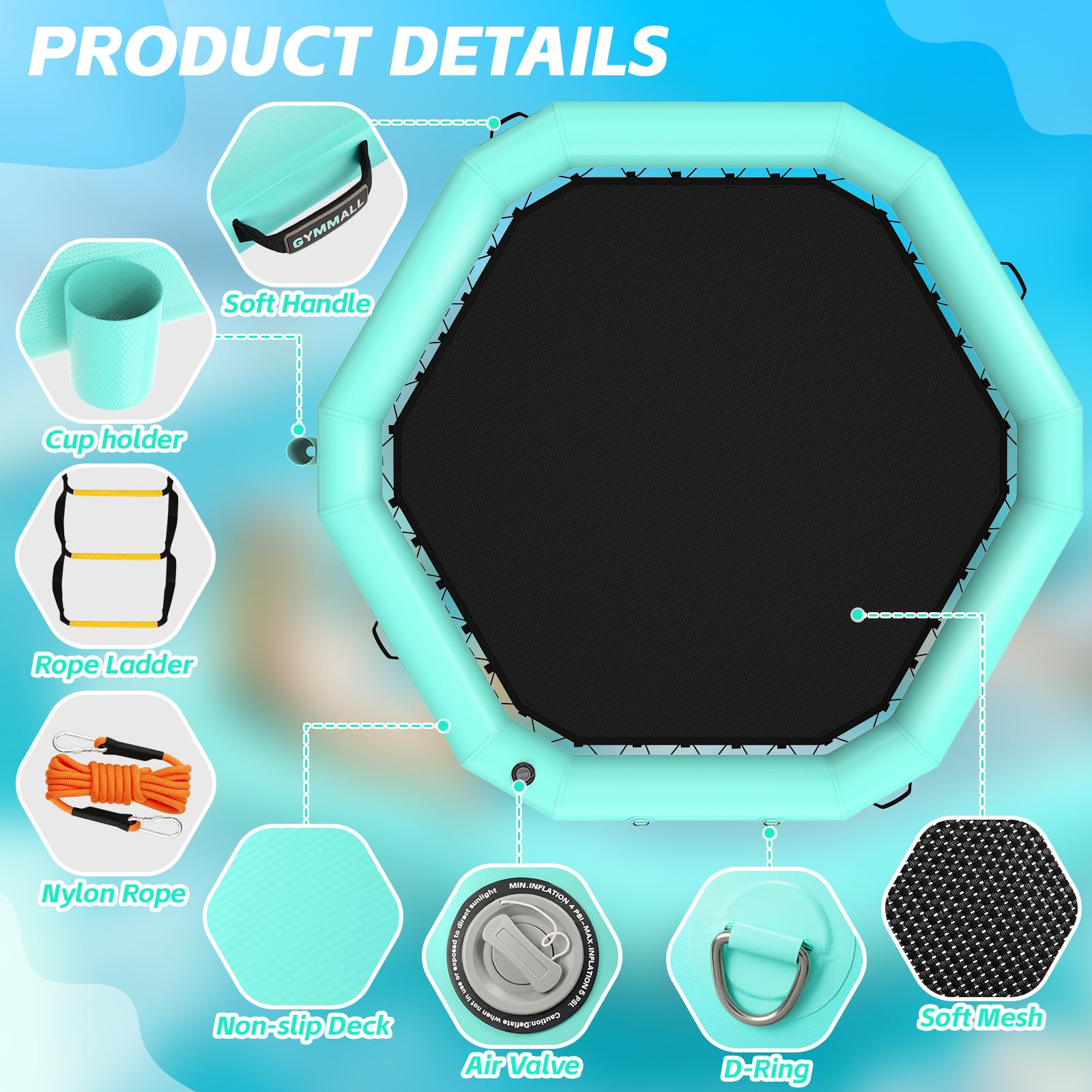Muelle flotante inflable, plataforma flotante inflable hexagonal para adultos,Muelle flotante con escalera para piscina, lago, playa