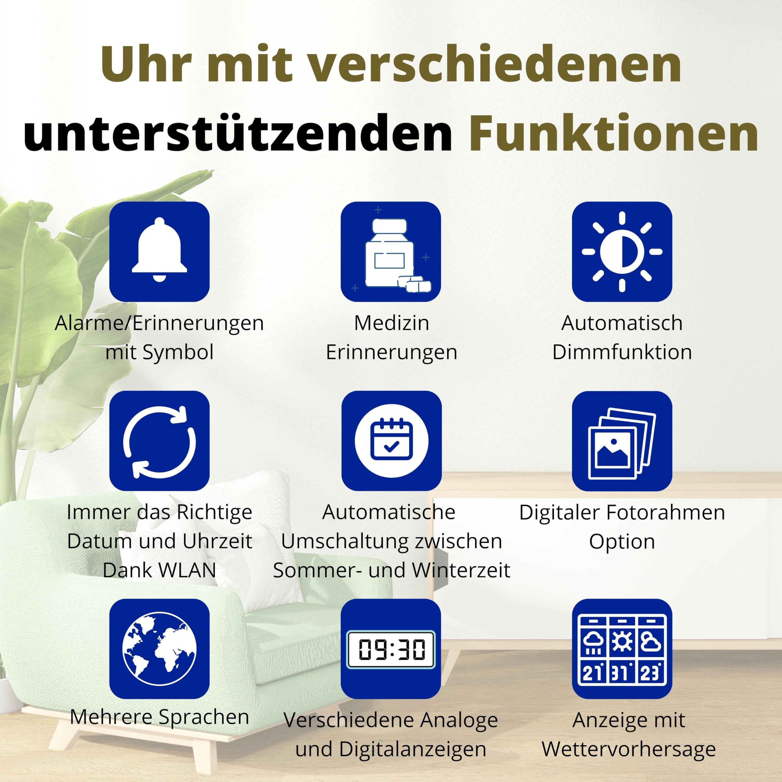 OER - Demenzuhr XXL - Digitaler Kalender und Seniorenuhr - Digitale und analoge Anzeige - Kalenderuhr für Demenz - Schreiben eigenen Alarme - (10 Zoll, Schwarz)