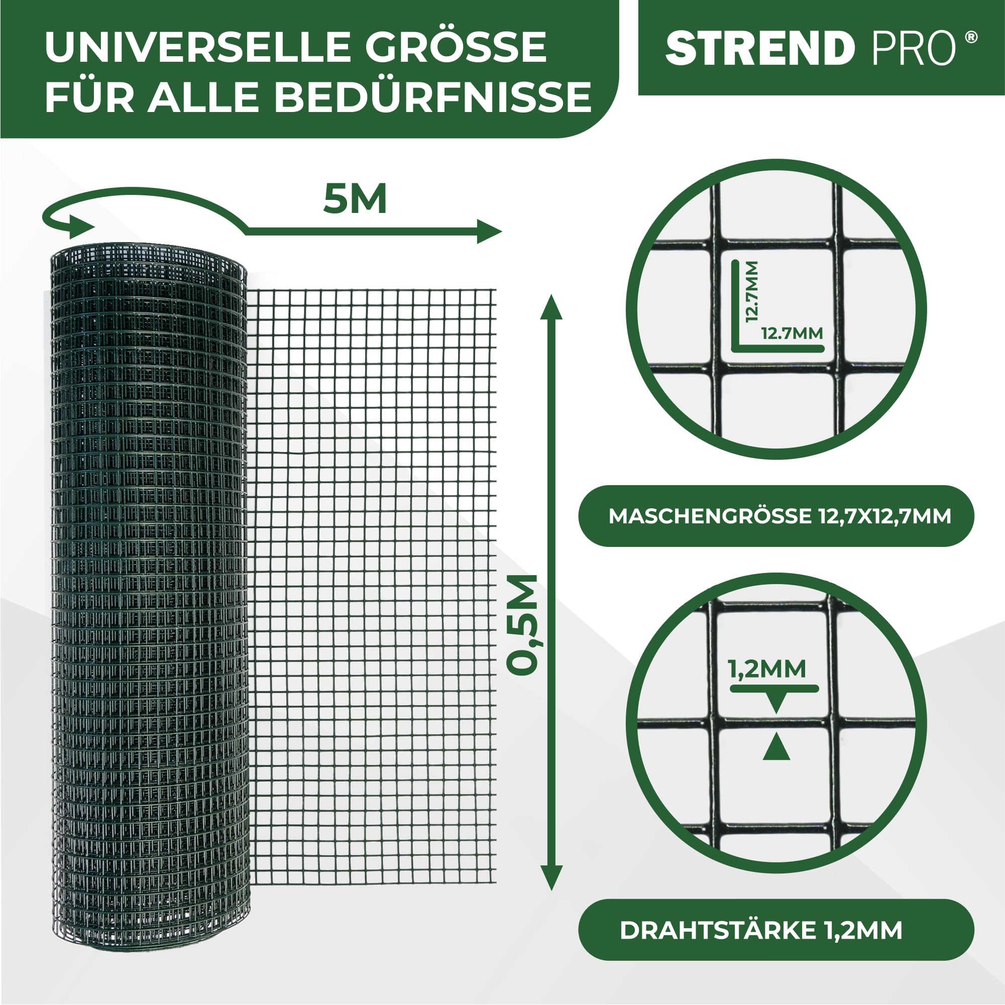 STREND PRO Maschendrahtzaun | Geschweißt - PVC | 0.5m x 5m | 1,2 mm, 12,7x12,7mm | Kaninchendraht, Hasendraht, Volierendraht für Garten & Tierhaltung | Hasengitter, Hühnerzaun, Zaun