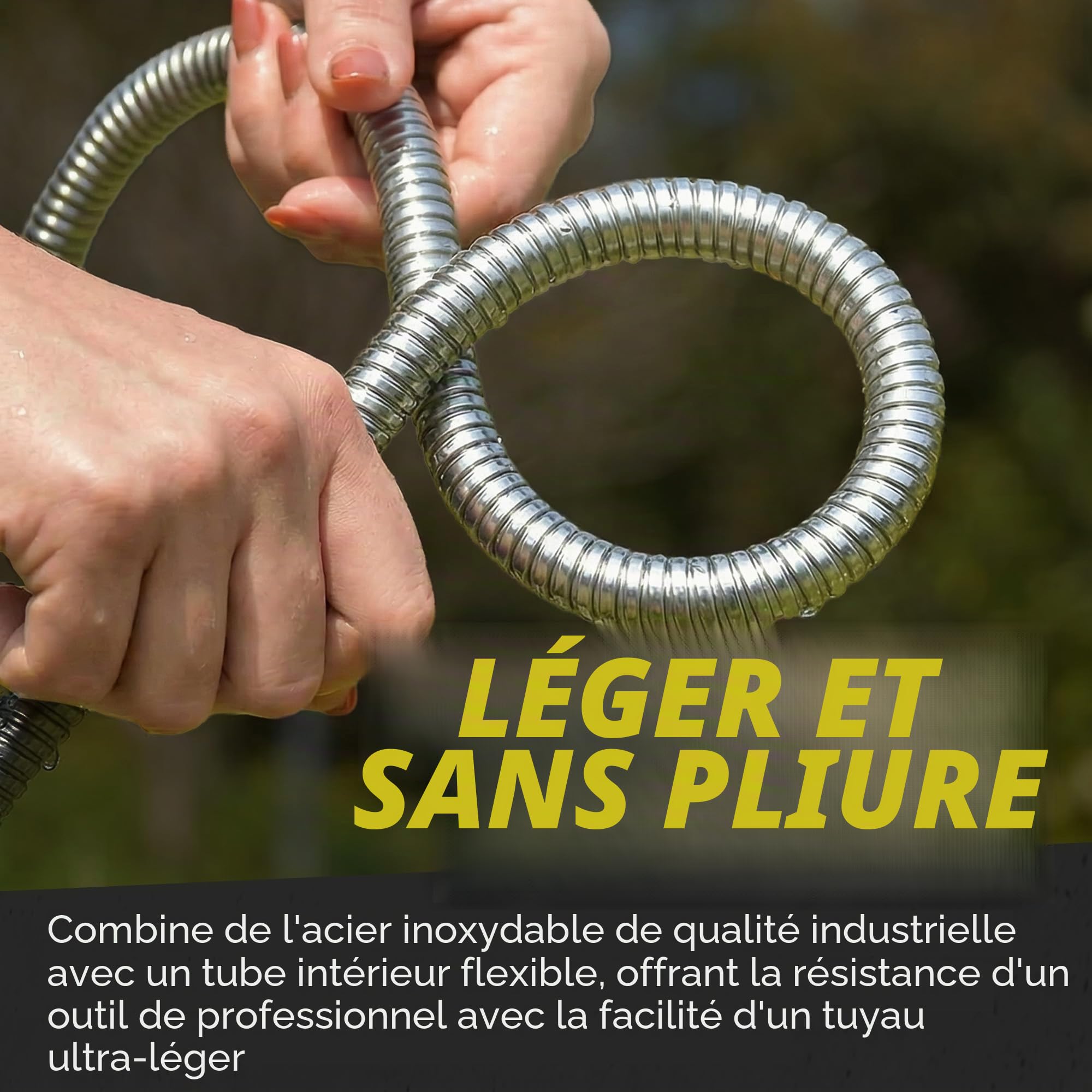 BIONIC STEEL Tuyau d'arrosage en métal de 50 pieds en acier inoxydable 304 – Raccords en aluminium super résistants et flexibles, légers, résistants à l'écrasement, sans nœuds et anti-torsion