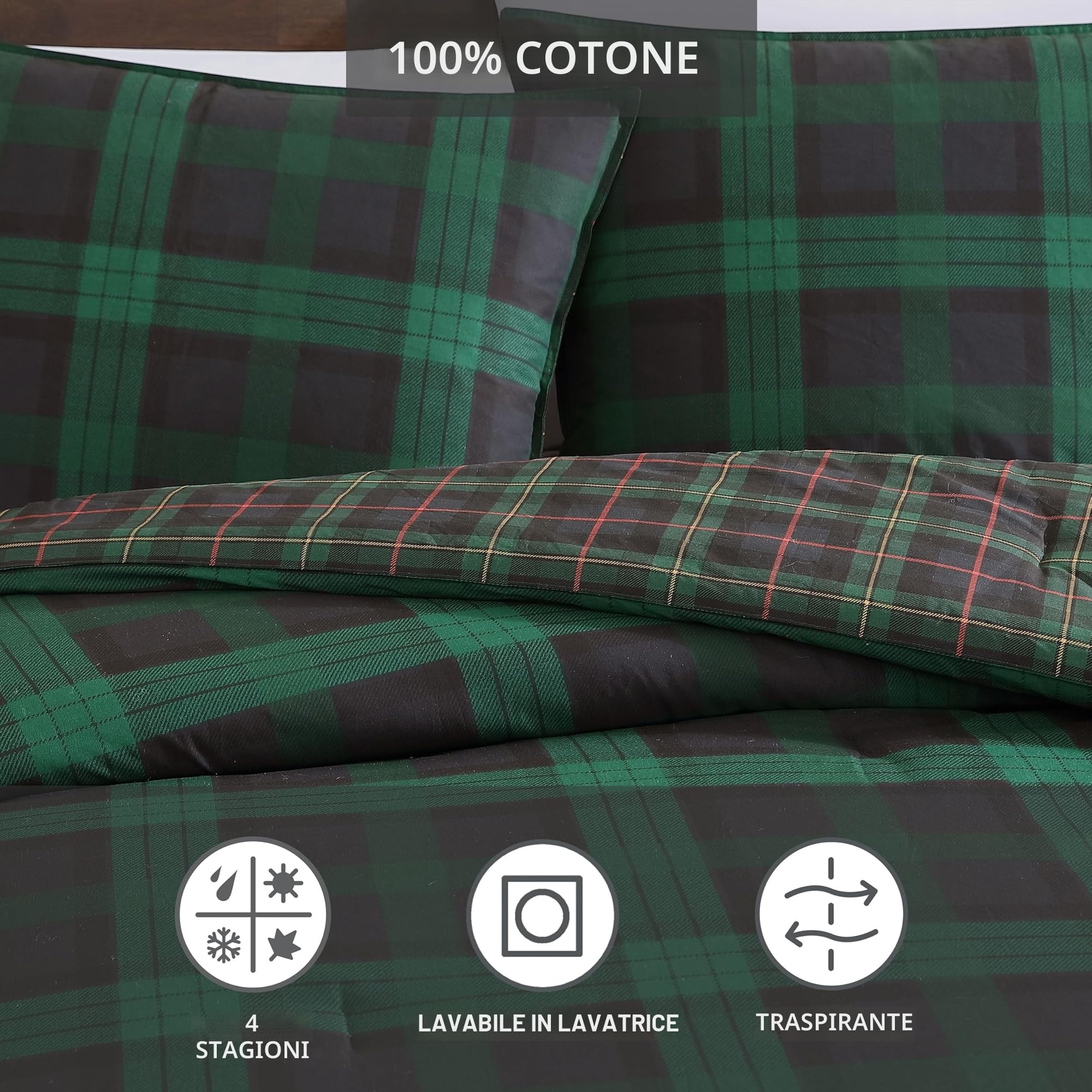 Eddie Bauer - Set copripiumino queen size, biancheria da letto reversibile in cotone con federe abbinate, decorazione per la casa a quadri con chiusura a bottone (verde tartan bosco, Queen)