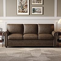 ONBRILL 84" Brown Faux Leather Sofa with Nailhead Trim, Rolled Arms - Mid-Century Modern 3-Seater Couch for Living Room, Apartment, Office