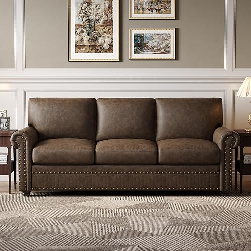 Miniatura 1 de ONBRILL Sofá de piel sintética, sofá con ribete de cabeza de clavo de 84 pulgadas para sala de estar, sofá moderno de mediados de siglo con brazos