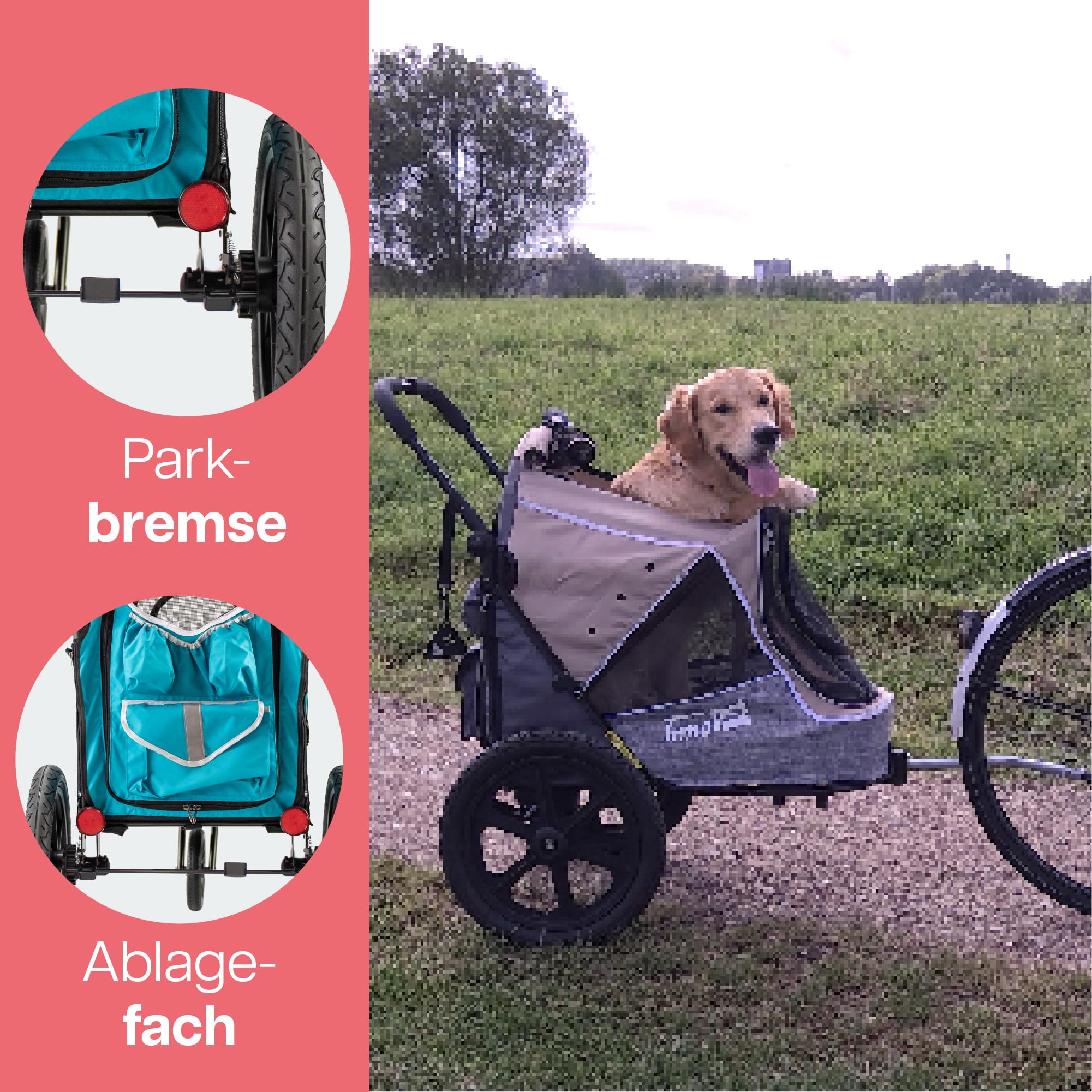 Hundebuggy & Hundeanhänger für Fahrrad - Innopet Sporty Evolution Ozeanblau - Blau/Grau, mit Regenschutz - mit Regenschutz, Deichsel & Fahrradkit, Faltbarer Hundewagen