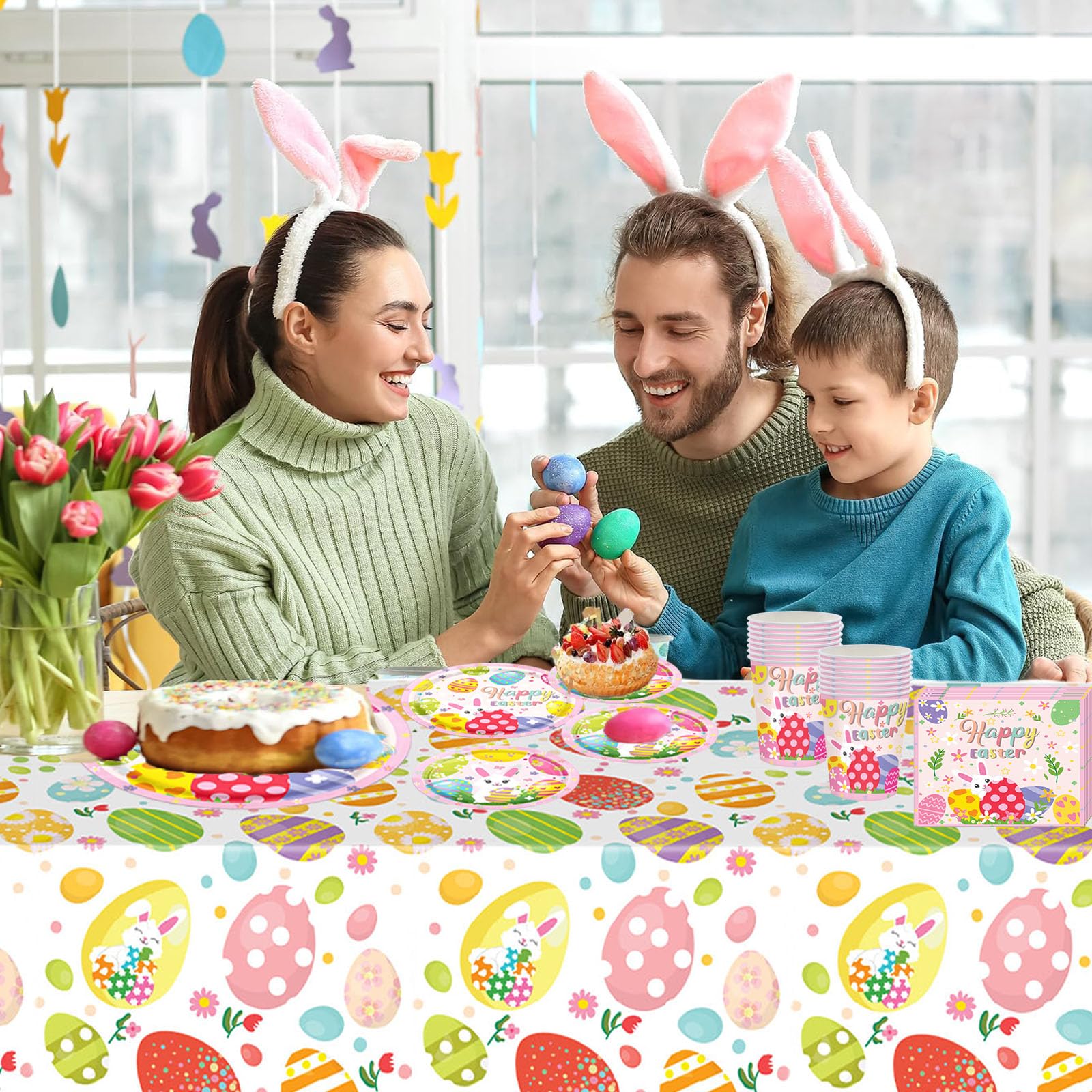 69 stuks paasfeest servies plastic paastafelkleed hoes, papieren borden, servetten en kopjes voor paasfeest tafeldecoraties, wegwerpservies set voor paasfeestbenodigdheden