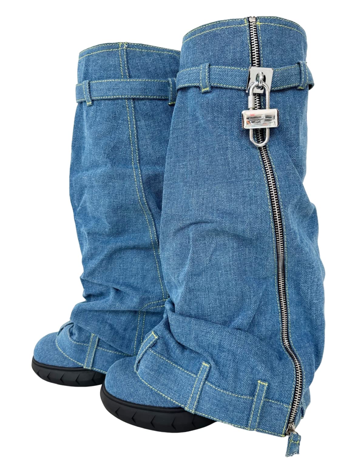 Frankie Hsu Fashion Designer Modern Sexy Women Men Shark Boot Big Large Size Blue Denim Wedge Silver Metal