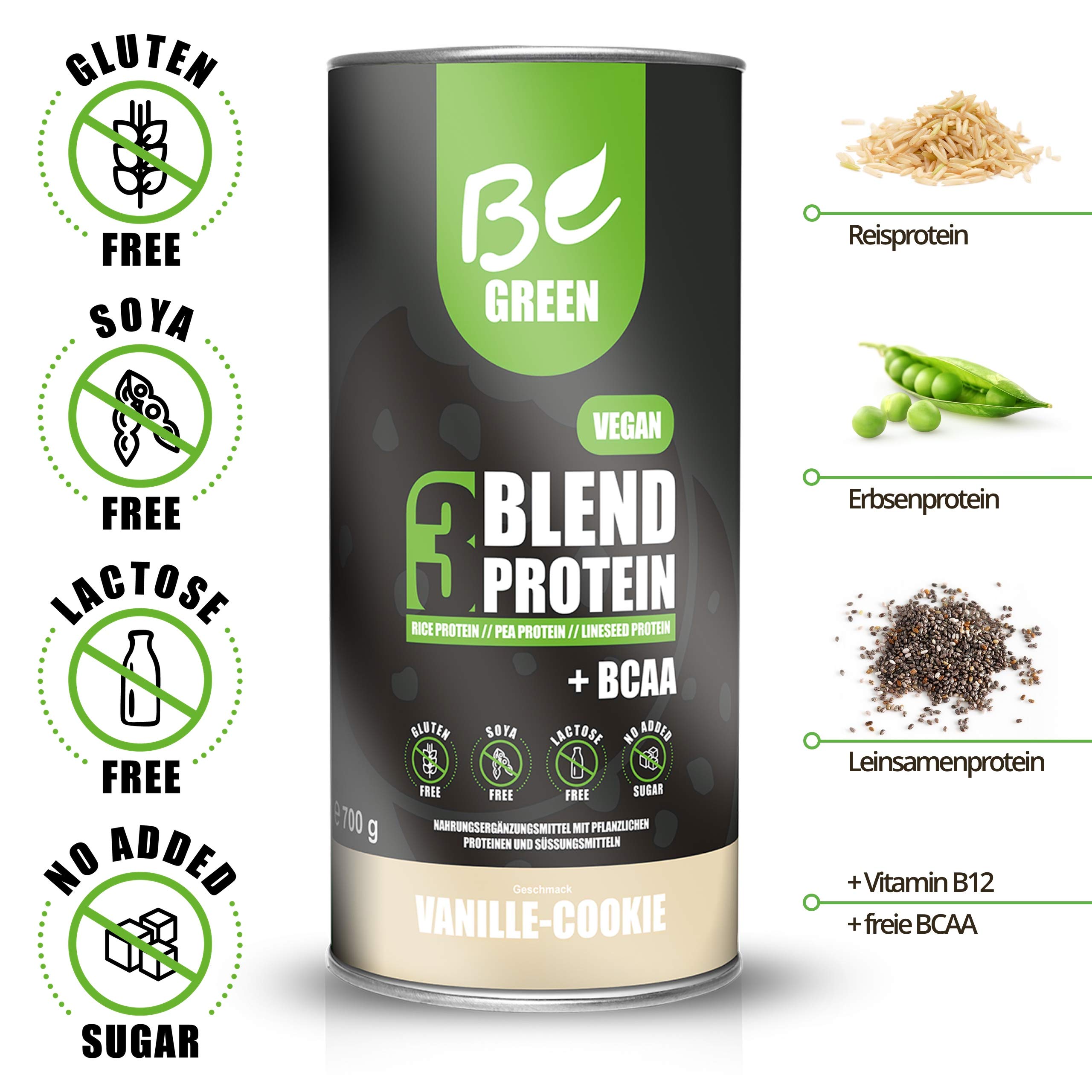 BeGreen 3Blend Vegan-Protein mit BCAA und B12, Vanille-Cookie, Pflanzliches Eiweisspulver aus Reis-Erbsen-Leinsamen-Protein, laktosefrei, glutenfrei ohne Zuckerzusatz, 700 g Pulver, super lecker