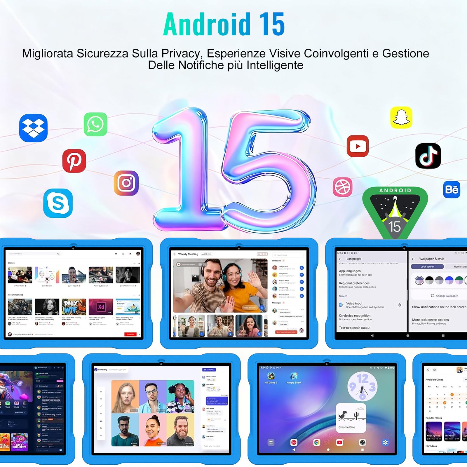 Tablet 10 Pollici Android 15 con 30GB RAM+TF 2TB, Gemini AI/Widevine L1,Octa-Core 2.0 Ghz, 5G WiFi,1080*800/5MP+8MP/Bluetooth 5.0, Newest Tablet con Custodia EVA antiurto + Staffa girevole a 360°-Blu