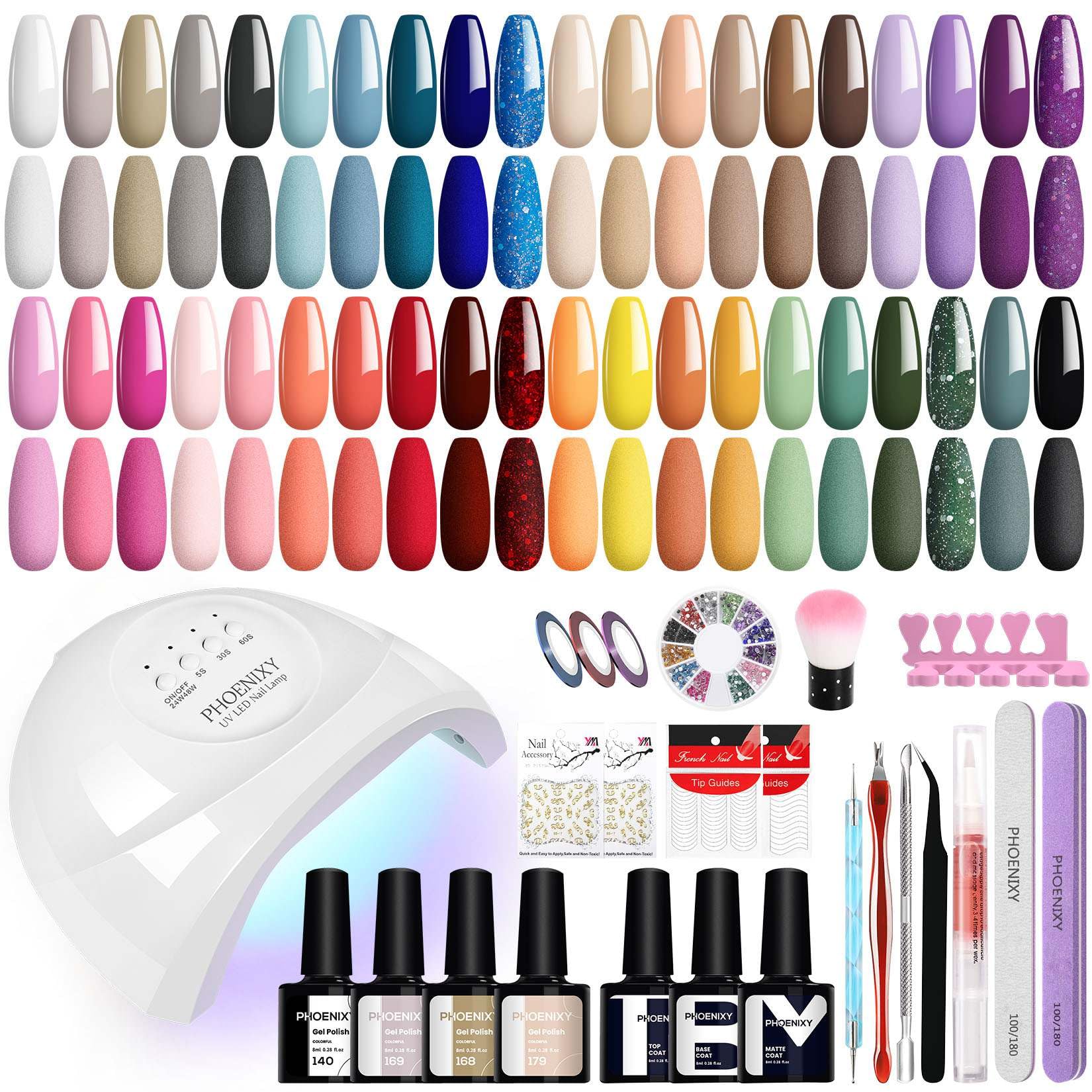 Phoenixy 40 Couleurs Kit Vernis Semi Permanent Complet avec 48W Lampe U V/LED Kit Ongle Gel U V Complet avec Base et Top Coat Vernis Semi Permanent pour Débutant DIY Nail Art