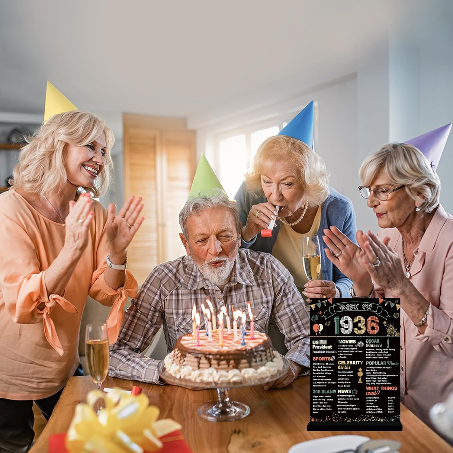 DARUNAXY 90th Birthday Party Decorations, Colorful Vintage 1936 Poster Acrylic Sign with Stand 90 Years Old Party Supplies for Men & Women Back in 1936 Table Decor 90th Anniversary Class Reunion Gifts - Image 6