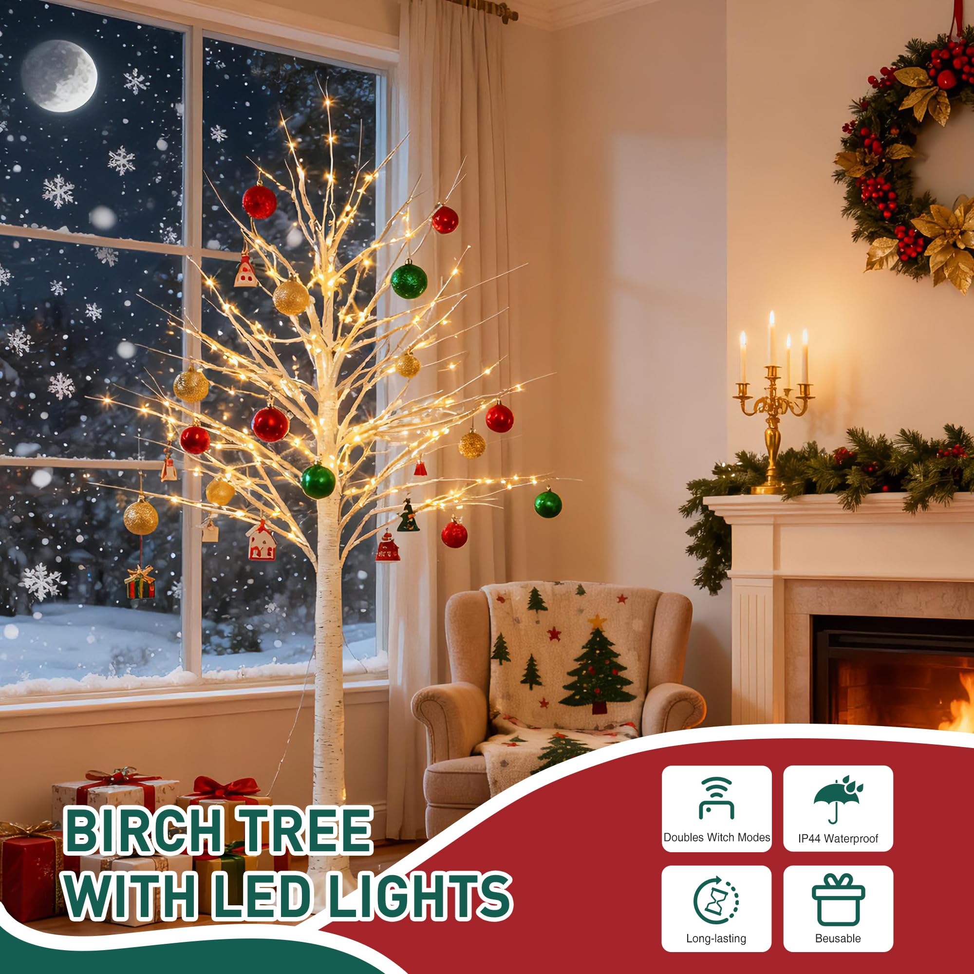 1,5 m beleuchteter Birkenbaum mit 96 LED-Lichtern für Urlaubsdekoration, DIY künstlicher Baum für Zuhause, Hochzeit, Schlafzimmer, Weihnachten (warmweiß), ideal für Innen- und Außendekoration
