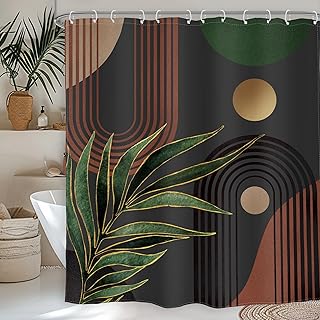 Glawry Dark Green Brown Boho Shower Curtain Abstract Mid Century Retro Tropical Leaves Modern Geometric Bathroom Minimalist Arch Sun 60Wx72L Inches Bath Accessories Art Home Decor Fabric 12 Pack Hooks