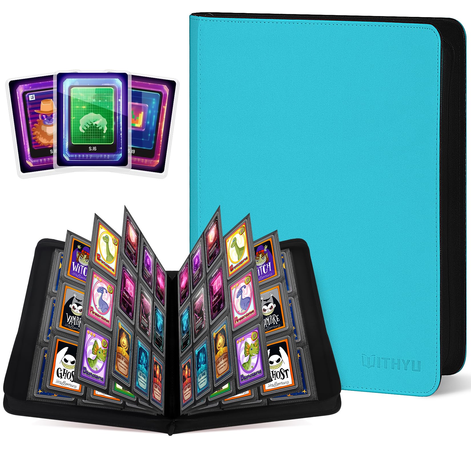 WITHYU Toploader Binder 9 Pocket, Holds 288 Cards for 3" x 4" Rigid Cards, Double Side Card Album PU Leather with Zipper, Ideal for TCG, MTG & Sports Card Storage (Aqua Blue)