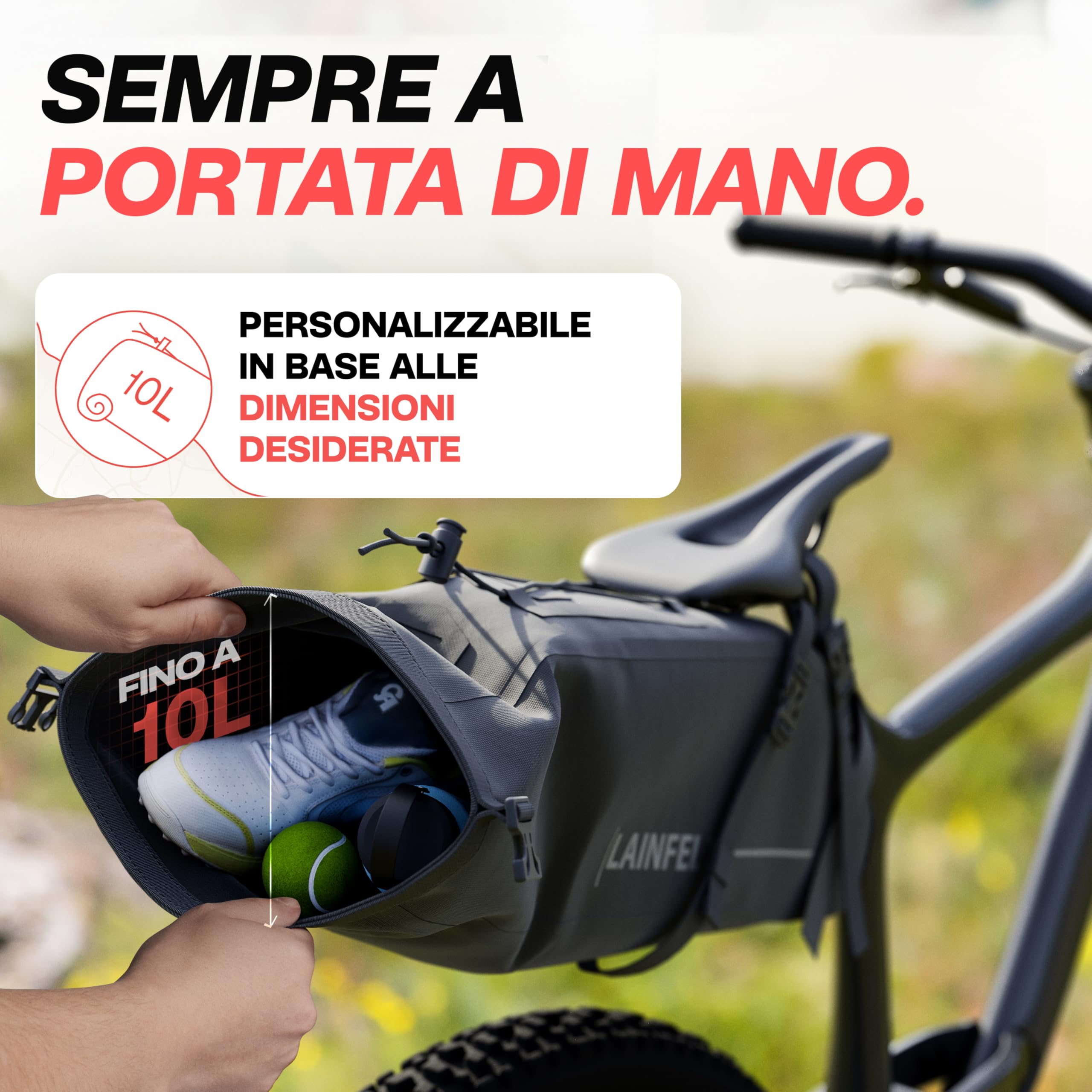 LAINFELD Borsa da sella per bicicletta [10 litri] | 100% impermeabile | stampa riflettente – Bike Packing E-Bike MTB Gravel Bike Bici da corsa Borse | Accessori per bicicletta elettrica, MTB, ghiaia e bici da corsa, borsa impermeabile