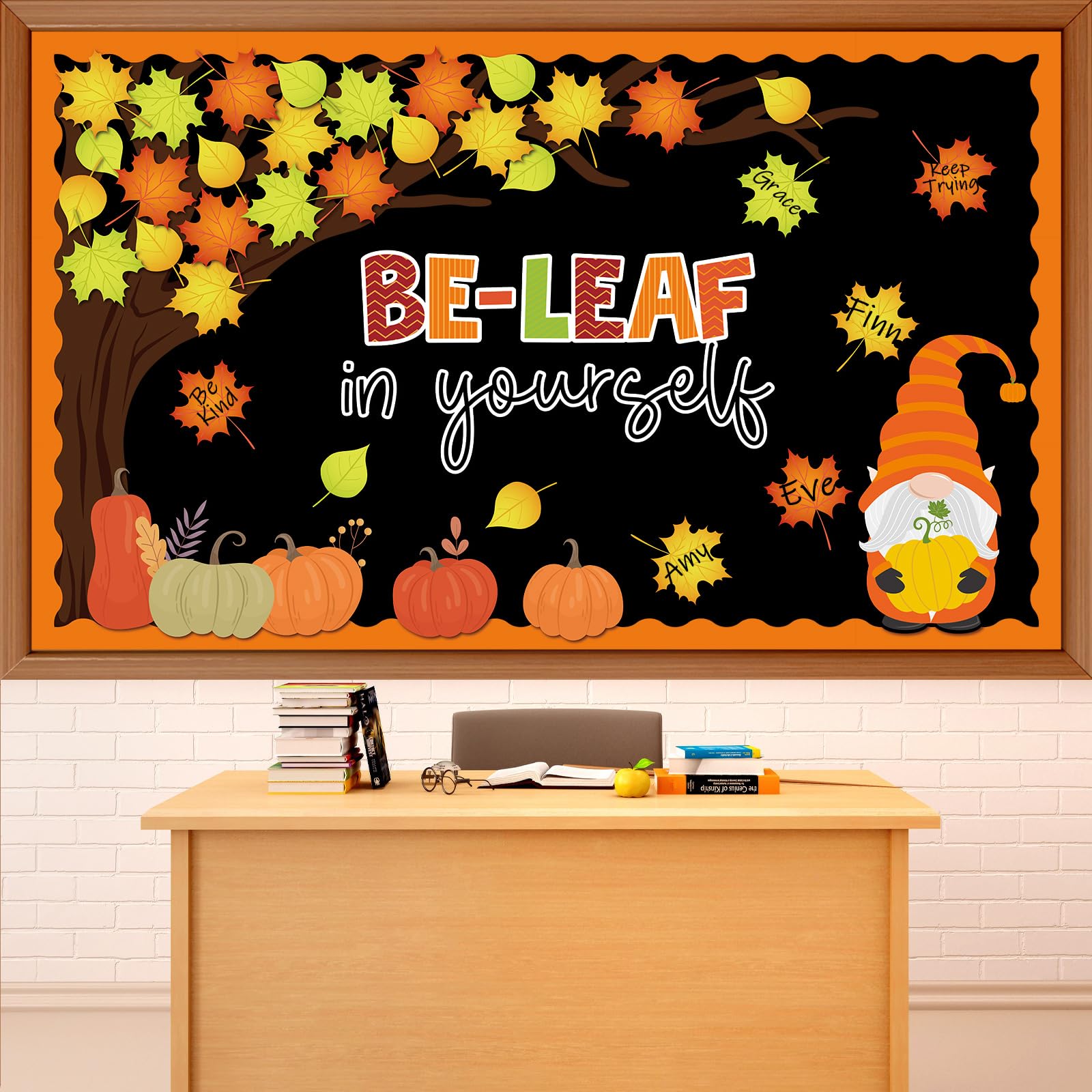Fall Tree Bulletin Board Set Be Leaf in Yourself Tree Classroom Decoration Positive Saying Maple Leaves Pumpkin and Gnome Paper Cutouts for Autumn Thanksgiving School Chalkboard Wall Supplies