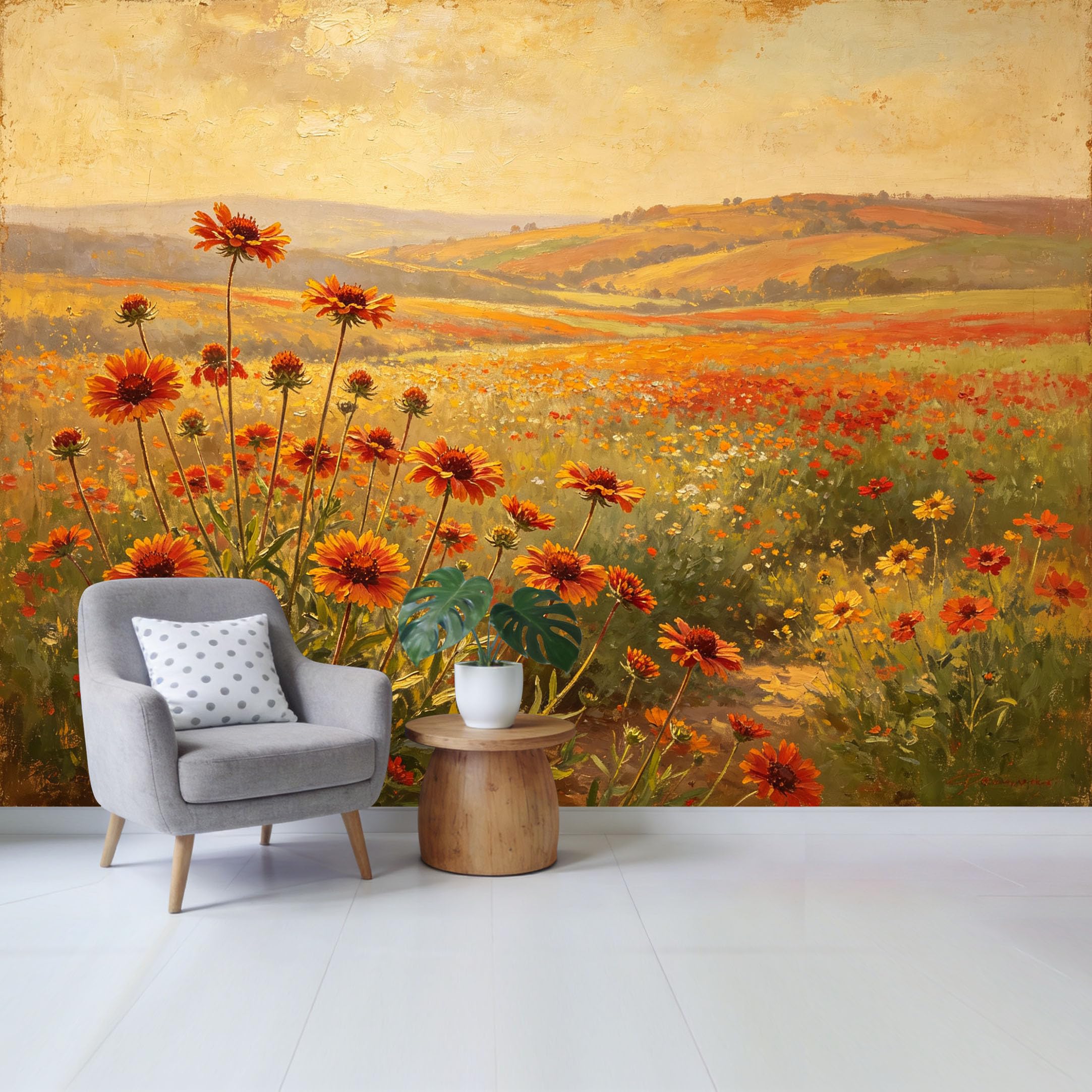 Qzlithotic Yq2605250285 Custom Size Wall Mural Golden Wildflower Field Landscape Oil Painting Texture Selfadhesive Wall Fabric Removable Wallpaper For Home Office Decor