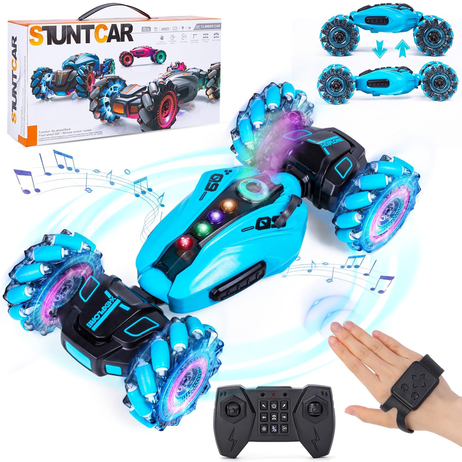 Highttoy Highttoy Coche Teledirigido Niños,Coche Acrobacia Teledirigido 4WD Rotación Volteo de 360° Coche Drift Control Gestual con Spray, Música y Luces Juguetes Niños 6 7 8 9 10 Años Regalo Niño, Azul