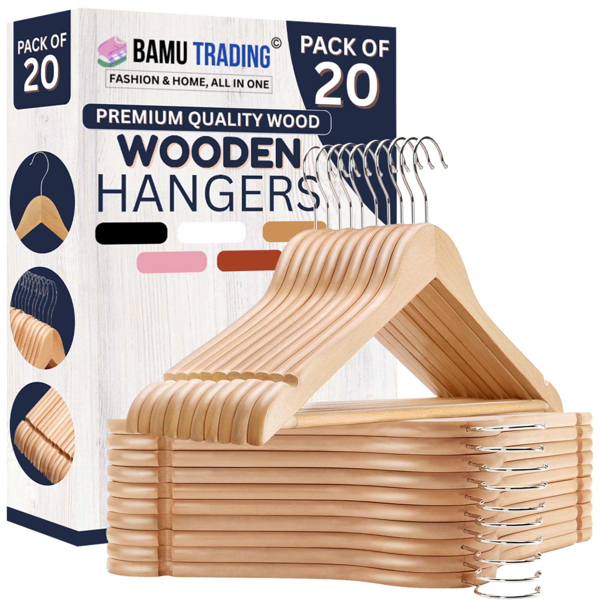 20 Wooden Hangers, Coat Hangers, Clothes Hangers, with Shoulder Notches, Trousers Bar, 360° Swivel Hook, for Suits, Shirts, Coats, Natural Pack of 20 (20 Pack Natural)