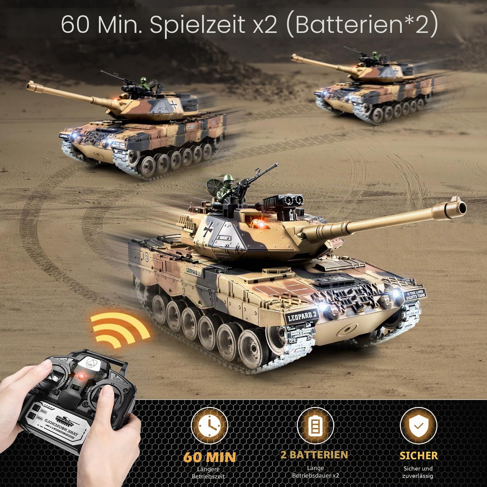 1:18 RC Panzer Leopard II, 2.4GHz Ferngesteuert Panzer mit Schussfunktion, WW2 Militär, Ferngesteuertes Militärfahrzeug mit Metallketten, Rauch, Licht, Sound, Erdiges Gelb für Kinder Erwachsene