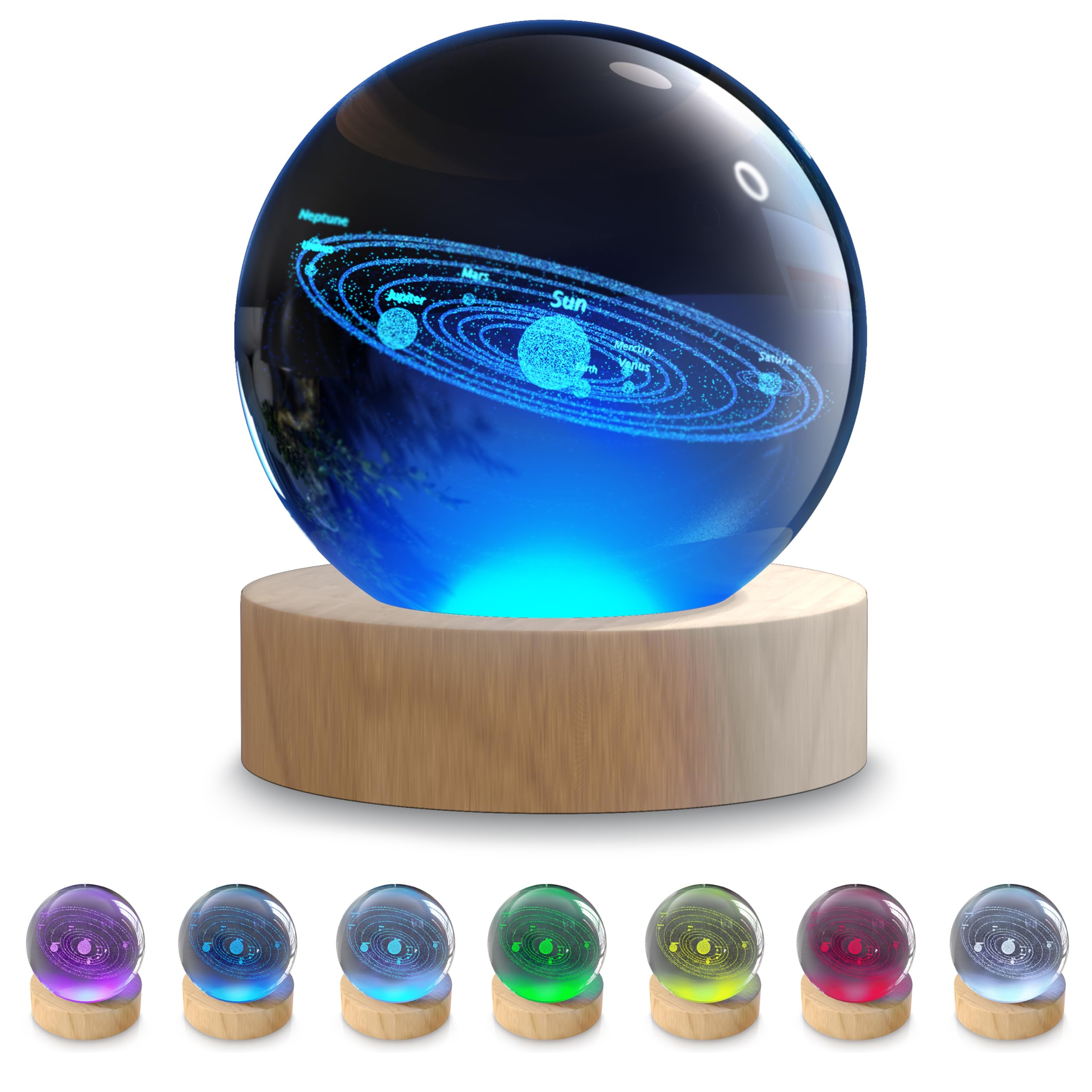 CSL-Computer 3D Crystal Ball, K9 Crystal Ball Night Light, LED Light Hologram Glass, Lamp with Solid Wood Base, USB Powered LED Crystal Ball, RGB Night Light, 2.4inch 6cm, Lamp for Home Decor