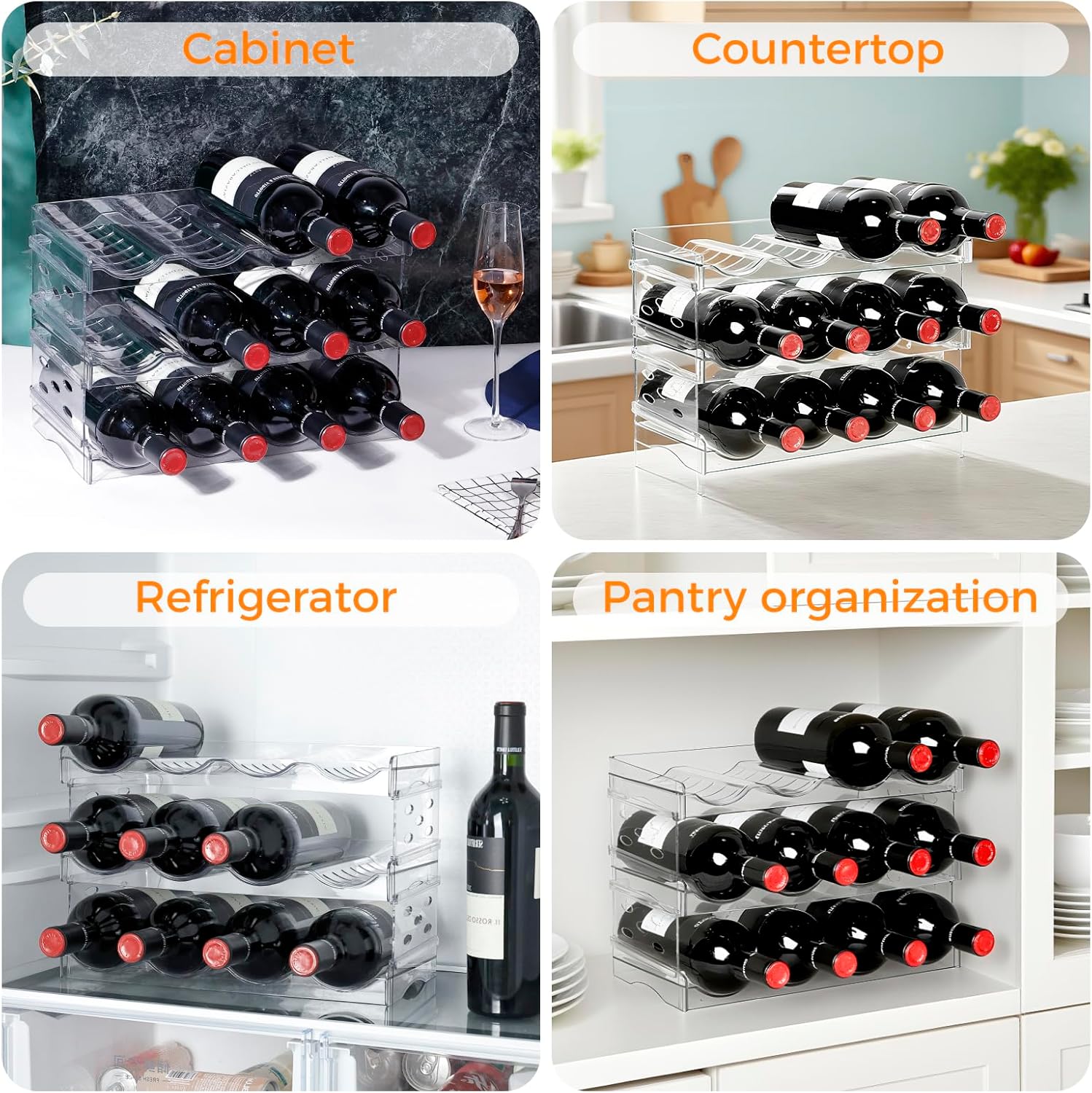 BoxedHome Plastic Water Bottle Organizer and Wine Rack Storage Holder for Inside Cabinet, Kitchen Countertop, Table Top, Pantry, Bars, Cabinets, Fridge - Clear (3 Tier 12 Containers)