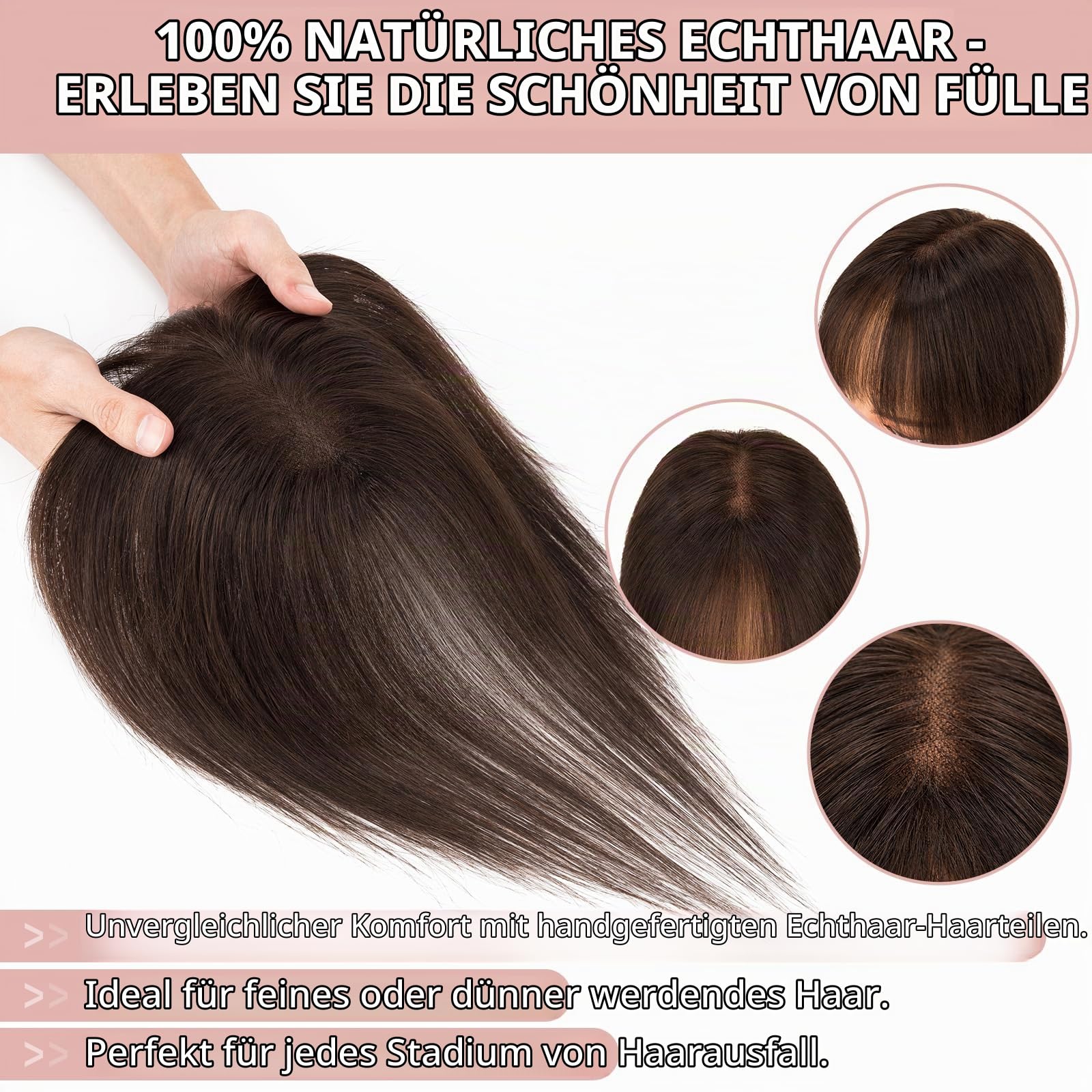 Silk-co Hair Topper Echthaar 21g, 8x11cm handgebunden Basis Toupet Damen, Clip in Haarteile mit Spitzen-Seidenbasis, mit Pony, 27cm #02 Dunkelbraun