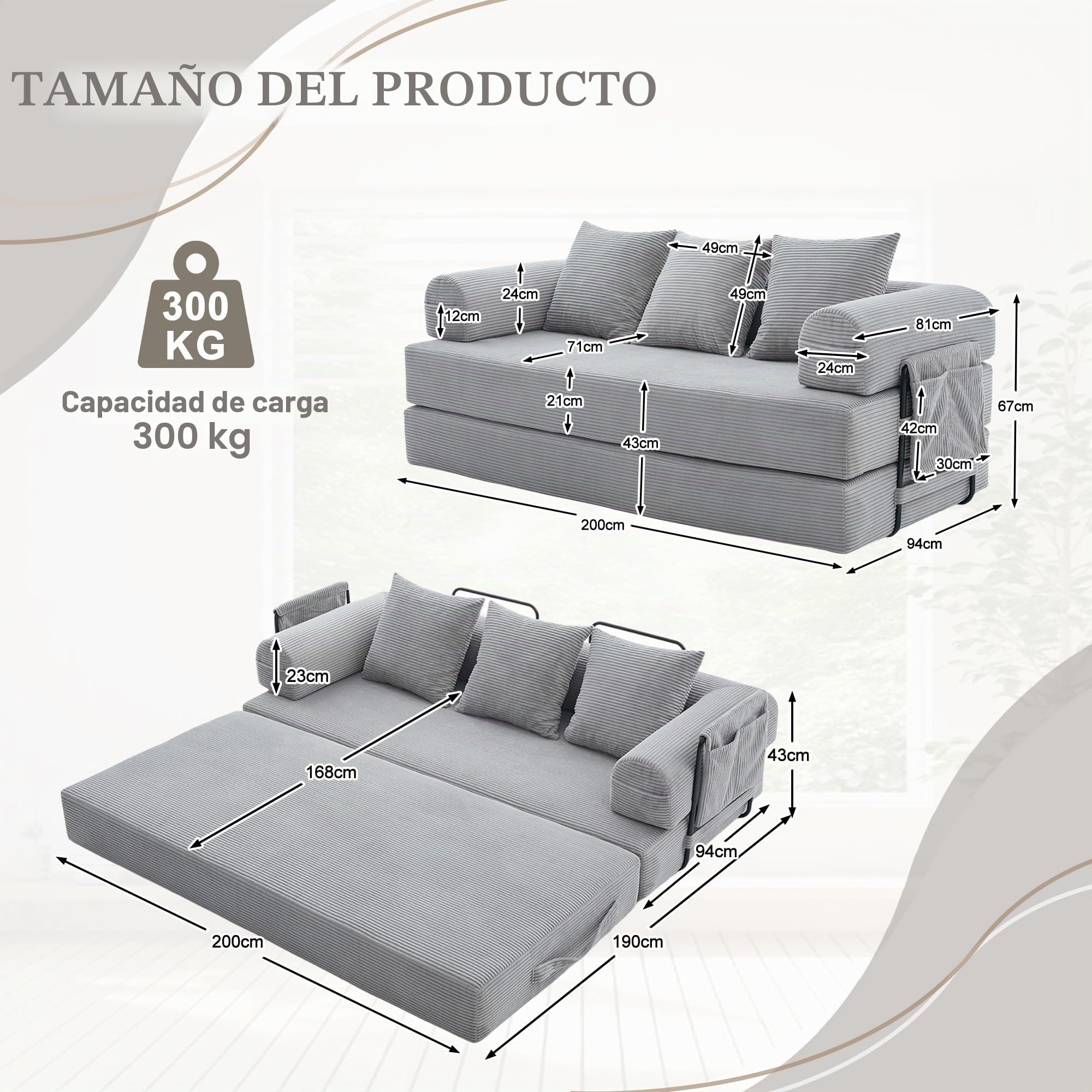 Sofá Cama Plegable con Respaldo y Almohada, Pana, Gris Claro | Para Salón Dormitorio, Sofá Matrimonio Convertible con Bolsa de Almacenamiento, Con Estructura de Metal y Reposabrazos