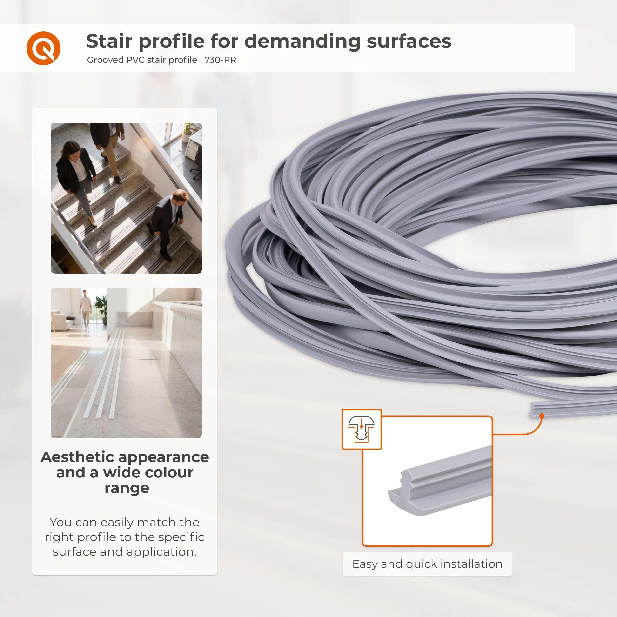 Quest Perfil de Borde de Escalera PVC 4,5 mm Antideslizante - Negro, 25 m | Perfil de borde de escalera para insertar en las ranuras sin adhesivo, resistente a la intemperie y a la abrasión