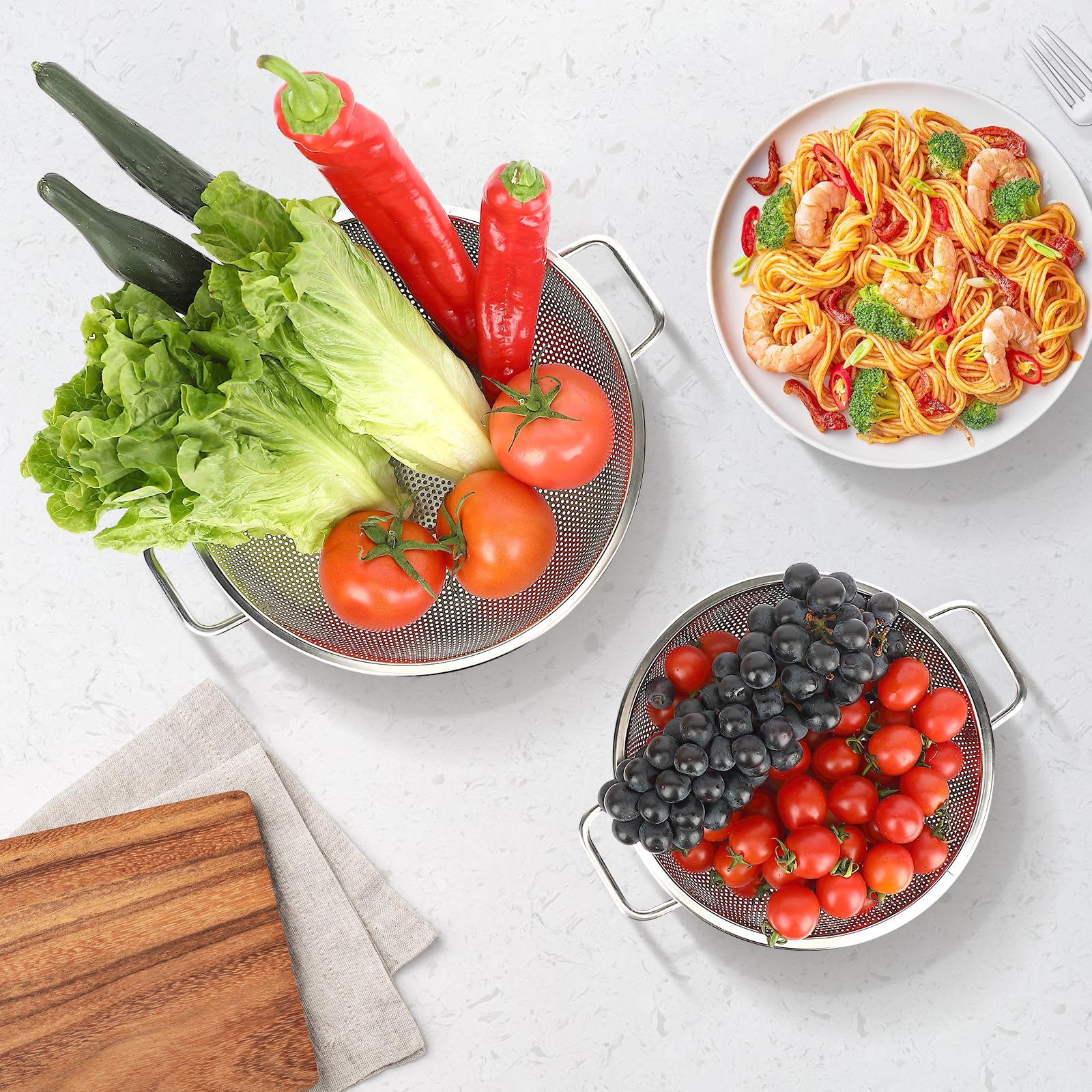 2 scolapasta per cucina, 0,9 e 1,5 l, in acciaio inox, con manico, per frutta, verdura, cottura alimenti, lavabile in lavastoviglie