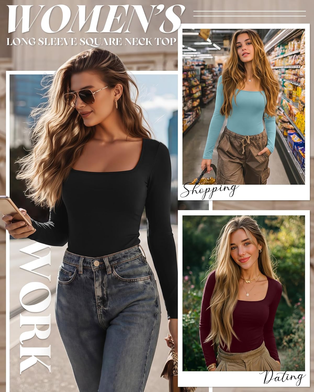 Ficerd 3 Pack Square Neck Tops for Women Long Sleeve Going Out Slim Fit Shirts Basic Tees 2026 Winter Y2k Clothes - Image 2