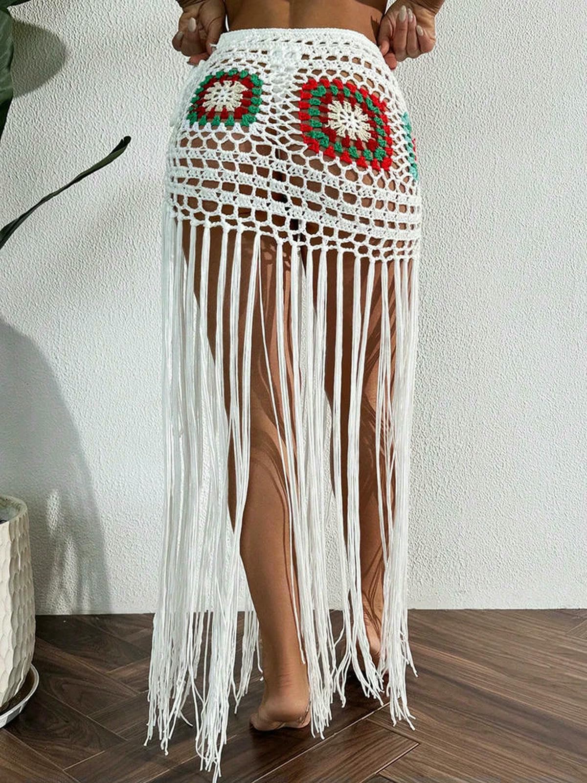 XYNMFalda Larga Mujer Crochet Borla Bikini Vestido Tipo Pareo Ropa De Playa Mujeres Atar Bañista Traje Baño Cubrir Playa-Negro-XS