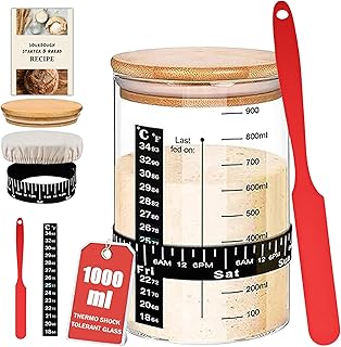 🎁 FREEBIE: Natural Yeast Starter Kit, 32oz Wide Mouth Glass Jar, Natural Yeast Recipe, Spatula, Thermometer, Date Marked Feeding Ban…