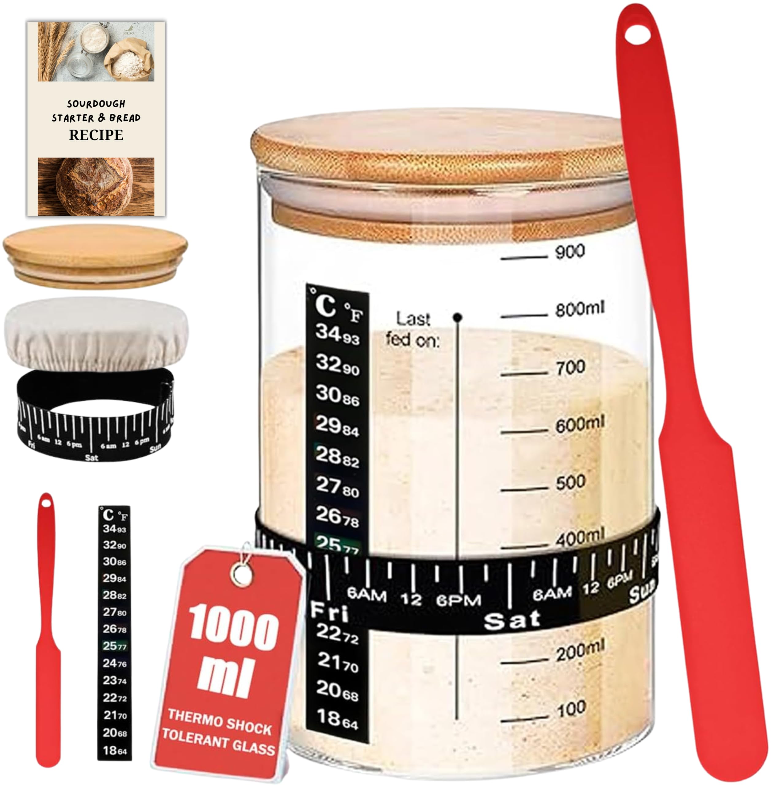 Kit de démarrage au levain – Grand bocal en verre à large goulot de 950 ml, recette de levain, spatule, thermomètre, bande d'alimentation avec date marquée, couvercle en tissu respirant – Bocal de