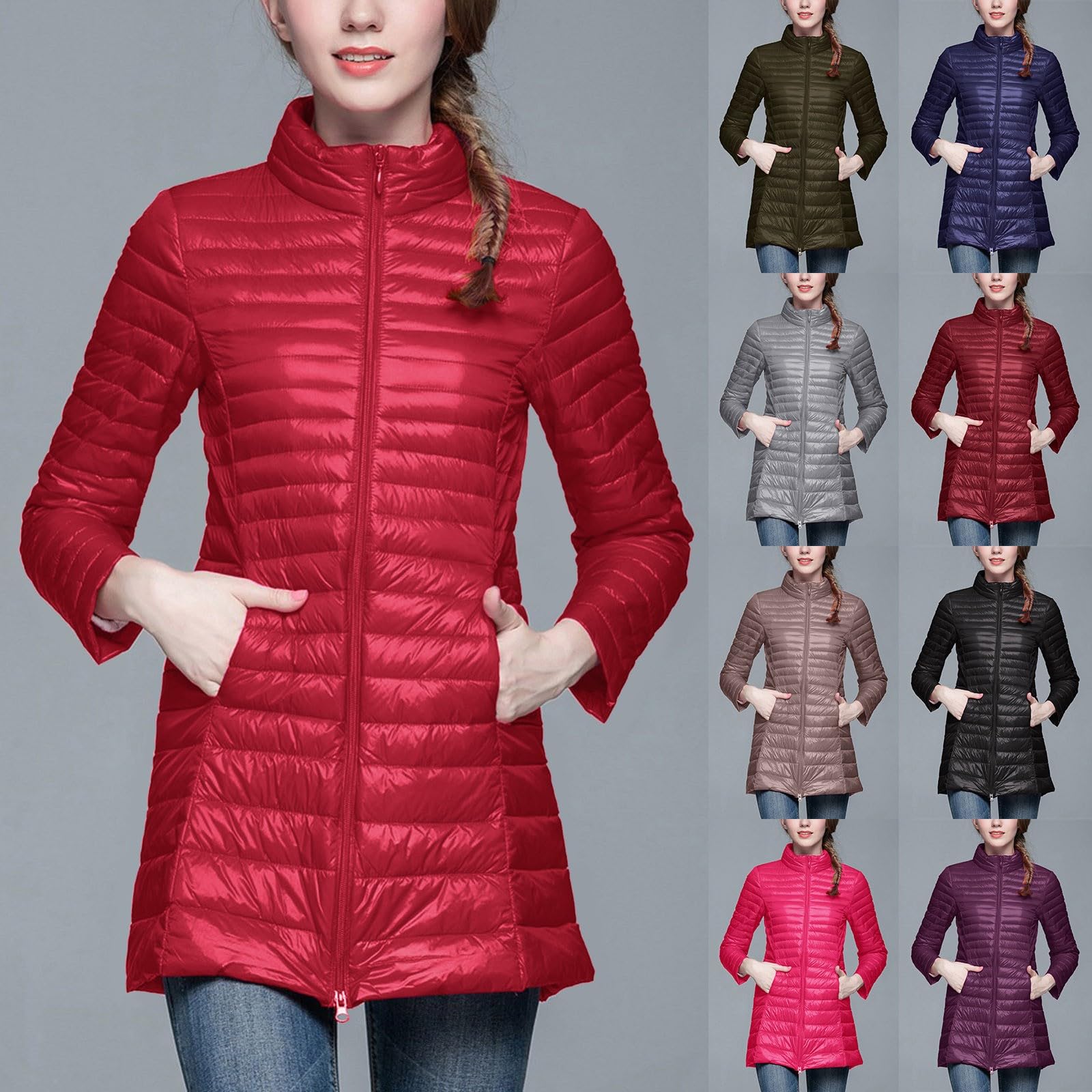 Generisch Abrigo acolchado ligero para mujer, largo, con capucha extraíble, chaqueta de entretiempo, abrigo de invierno, aspecto de plumón, forro cálido, chaqueta acolchada con bolsa